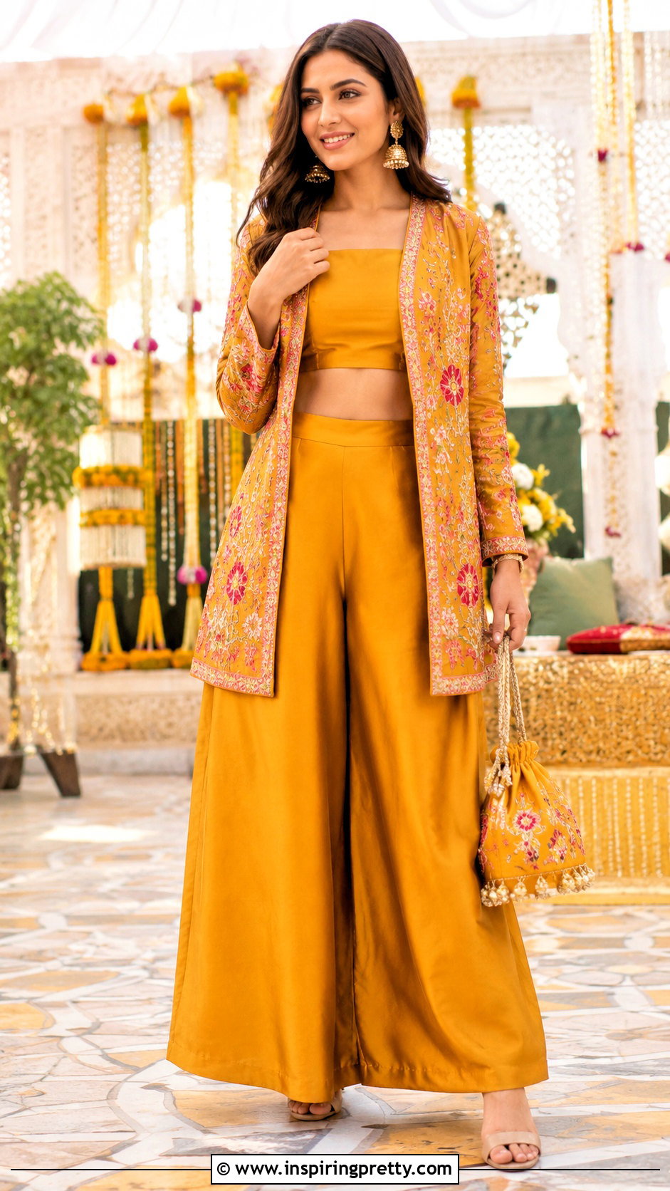 Mustard Crop Top Palazzo With Floral Jacket - 25 crop top palazzo with jacket indian outfit ideas