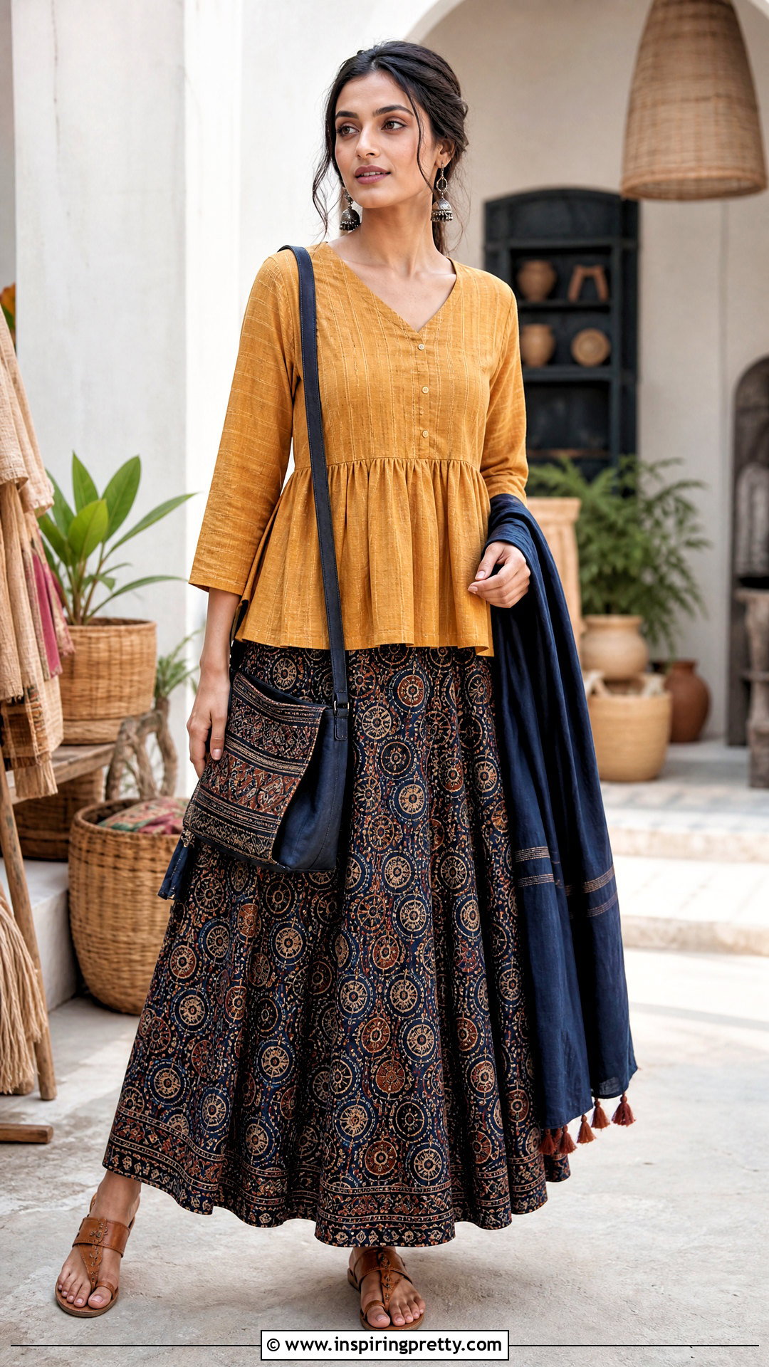 Mustard Indian Peplum Top With Ajrakh Skirt - 50 indian peplum top outfits