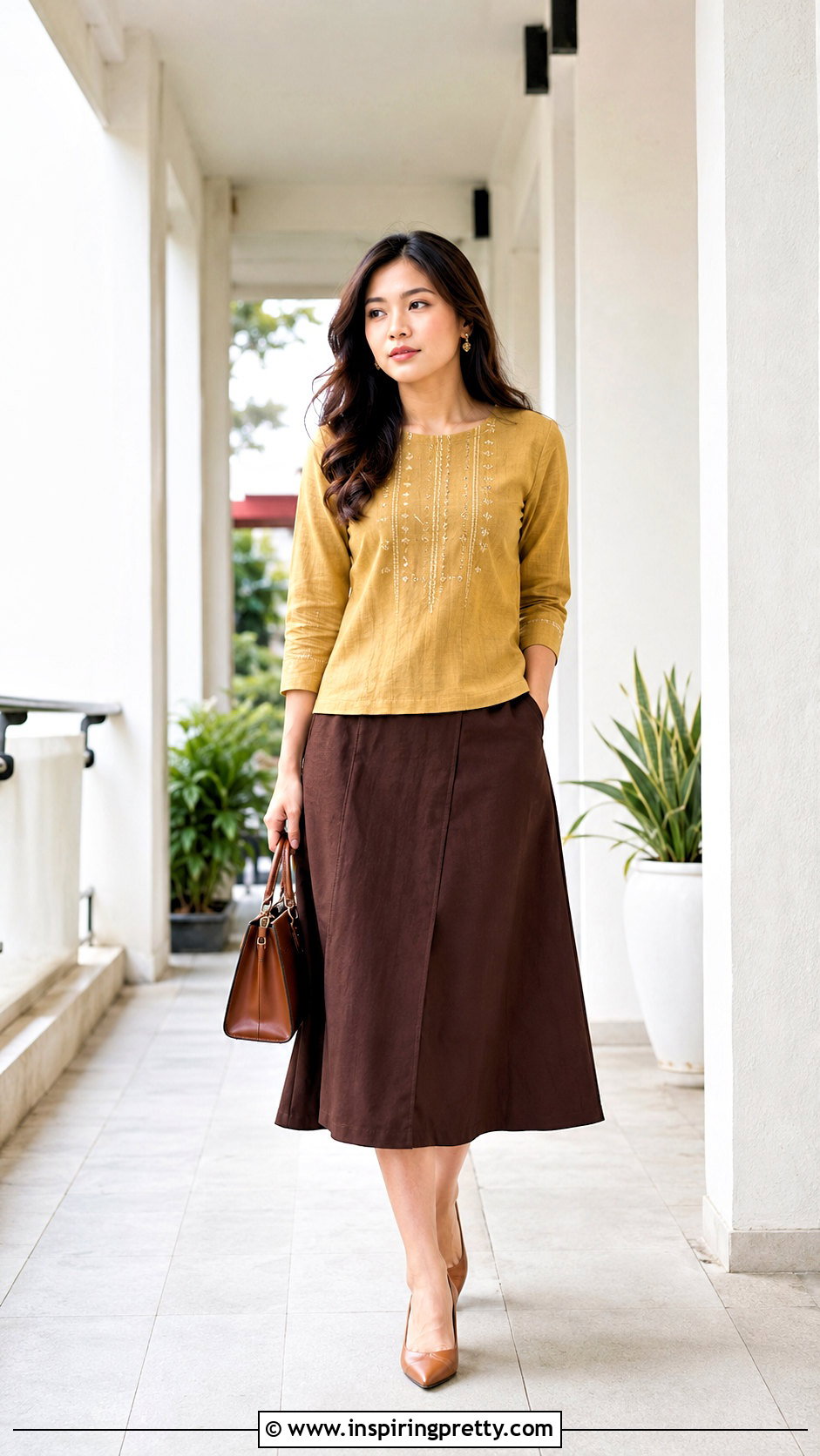 Mustard Mizo Sunday Top With Brown Midi Skirt - 50 Mizo Sunday Tops outfit ideas