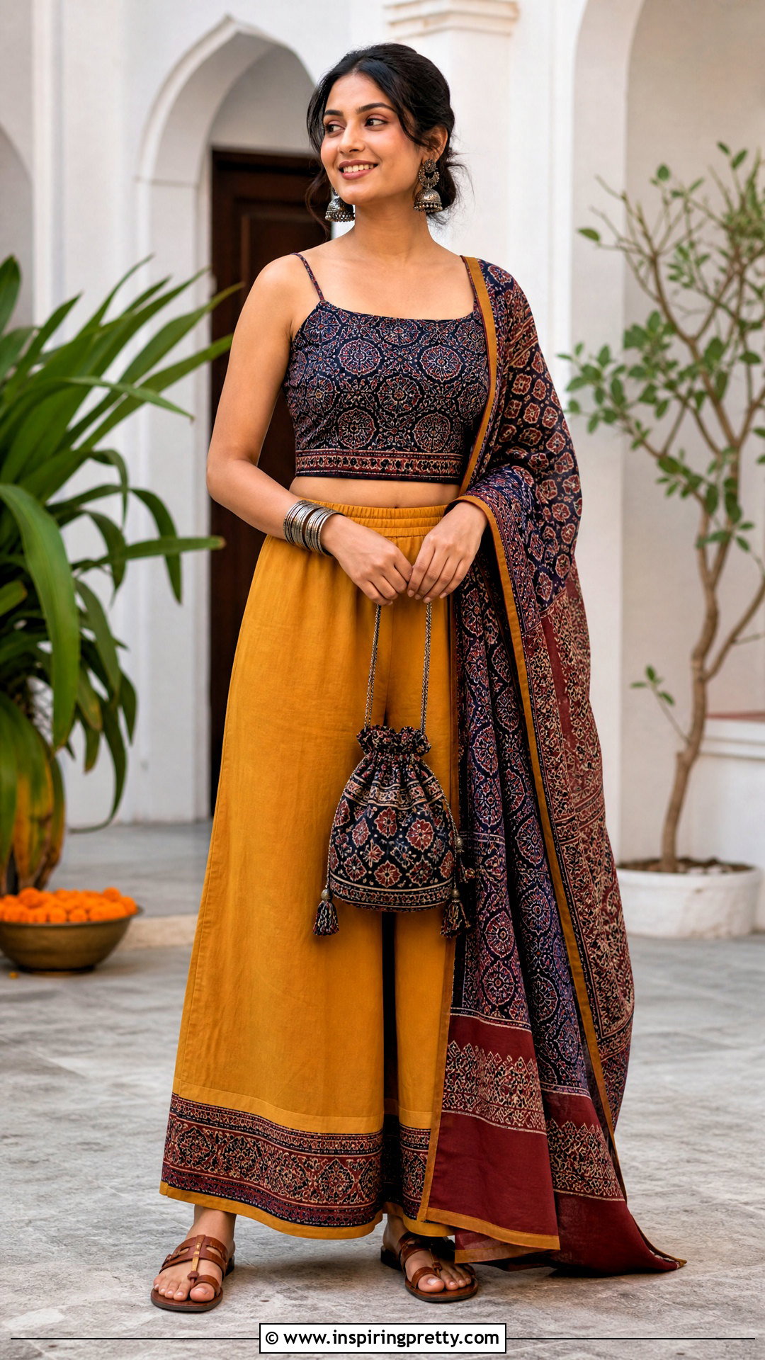 Mustard Palazzo With Ajrakh Crop Top And Dupatta - 20 plazzo with crop top and dupatta outfit ideas
