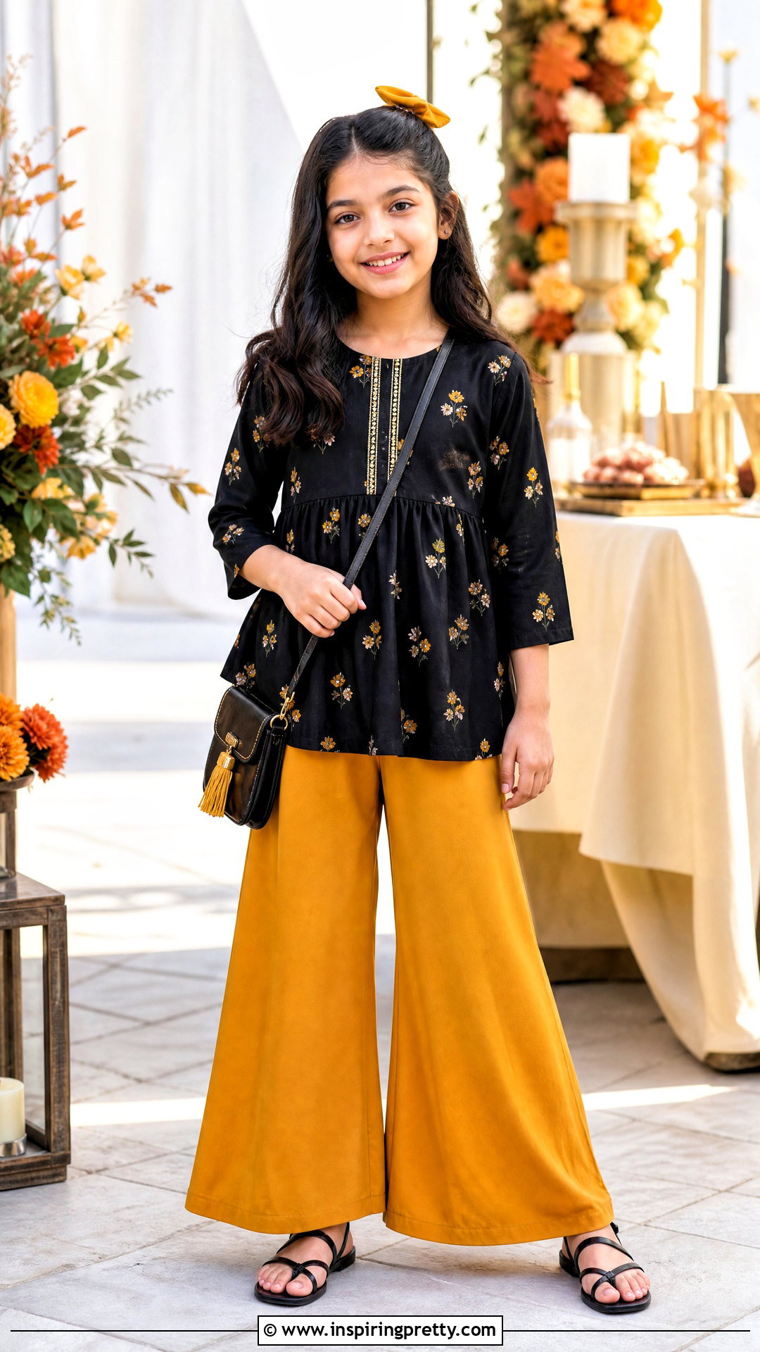 Mustard Palazzo With Black Printed Top - 50 kids plazo with tops