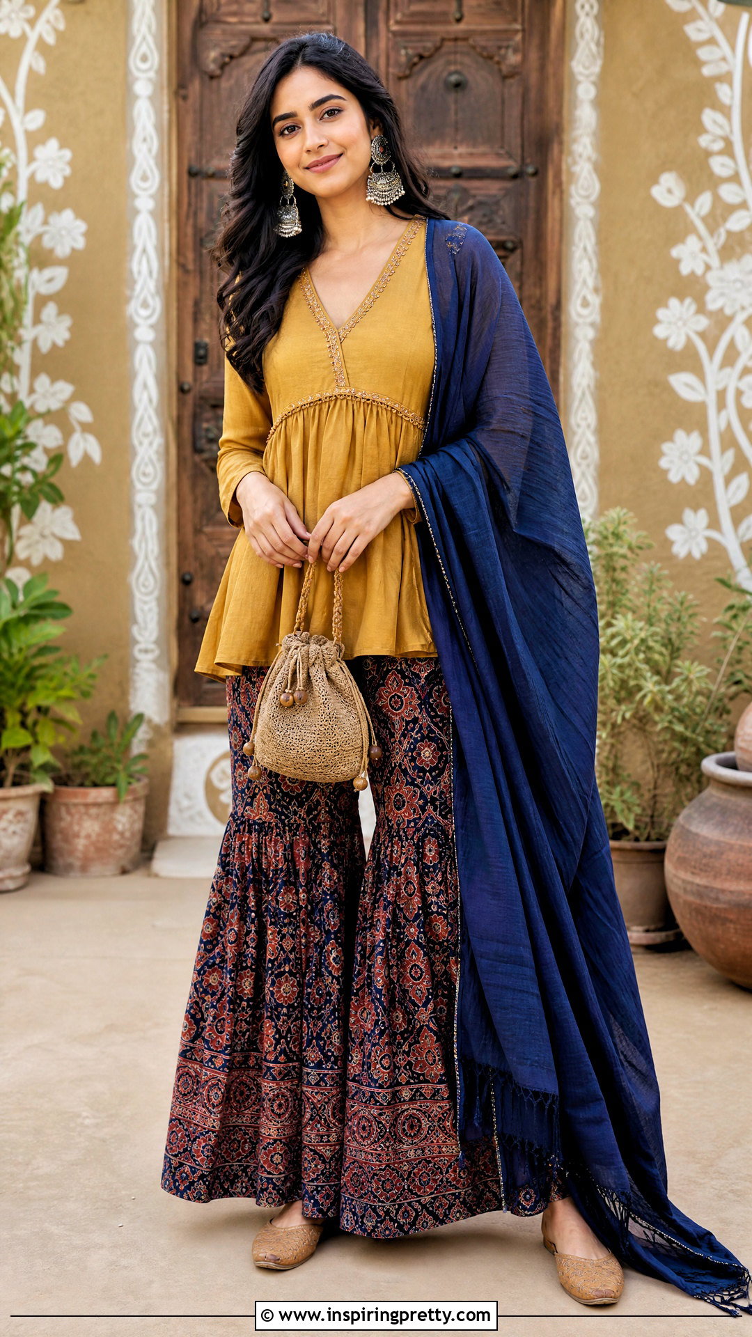 Mustard Peplum Top With Ajrakh Sharara - 50 peplum top with sharara outfit ideas