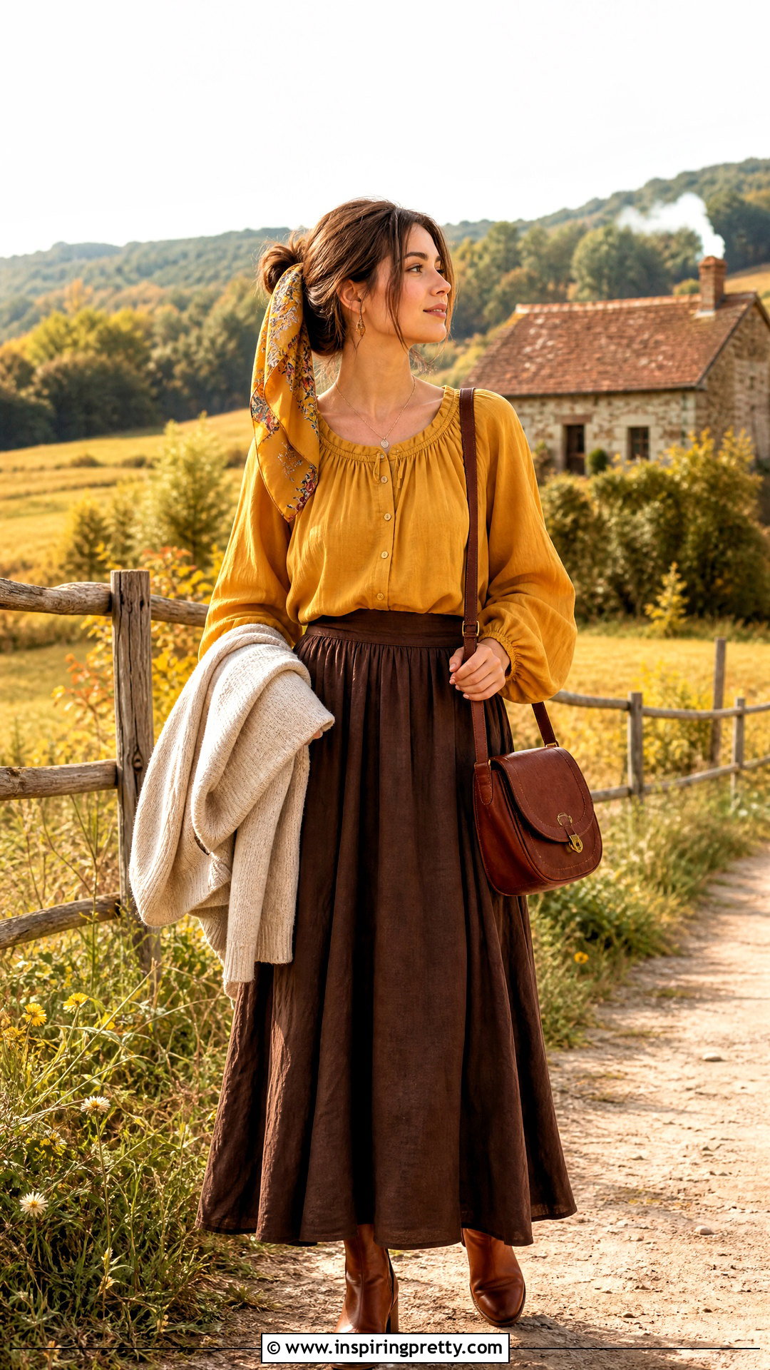 Mustard Prairie Cottagecore Top With Brown Maxi Skirt - 25 Cottagecore Tops For Women