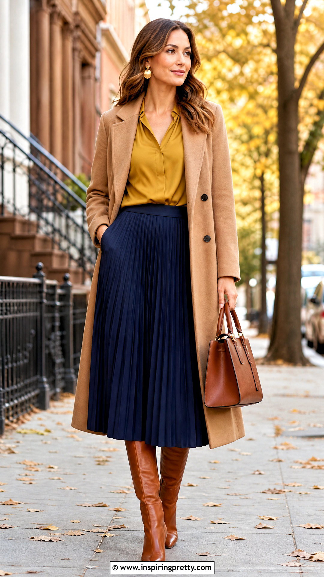 Mustard Silk Blouse With Navy Midi Skirt - 50 silk tops blouses