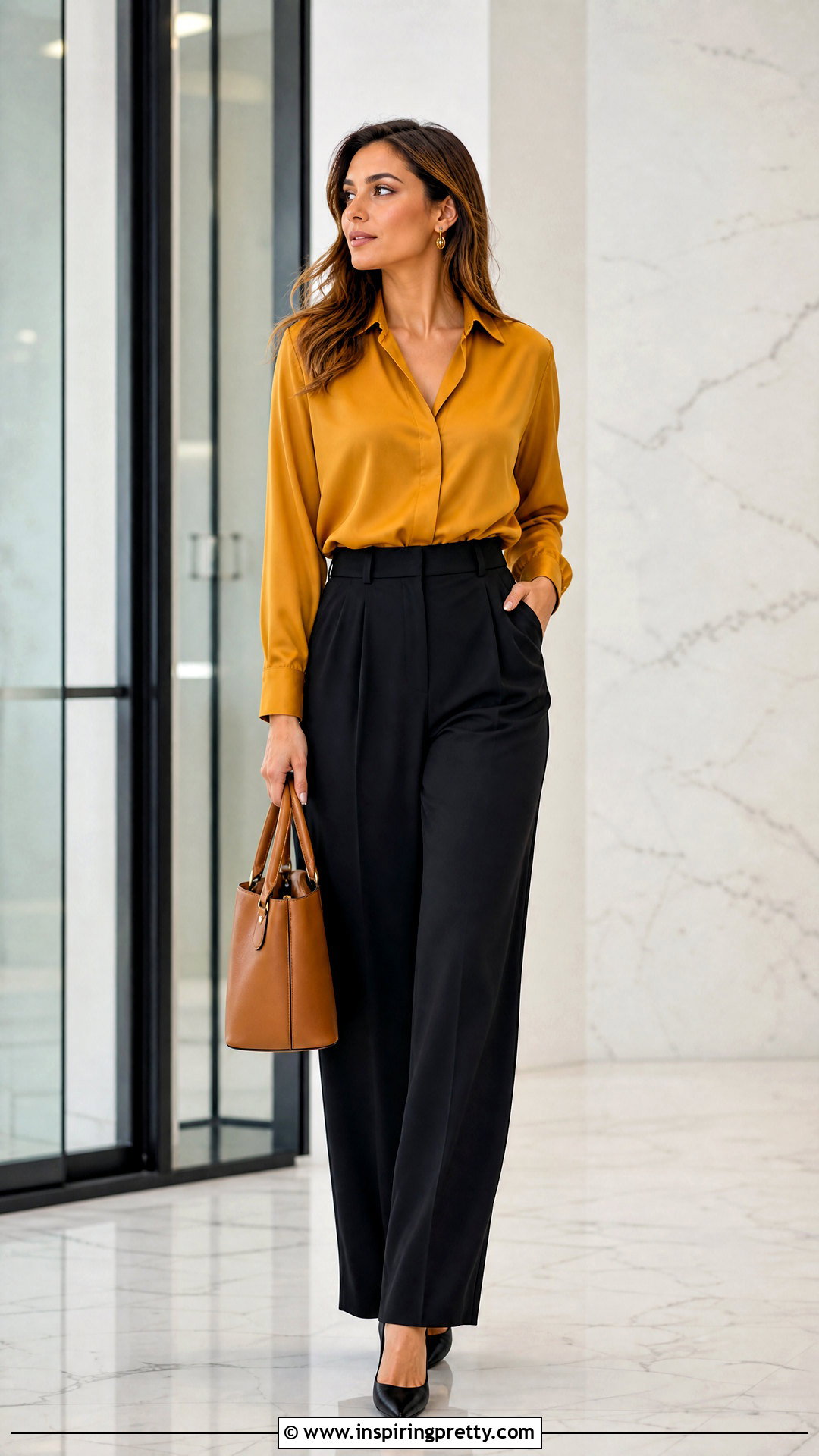Mustard Silk Top With Black Wide Leg Trousers - 20 Mustard Silk Top outfit ideas