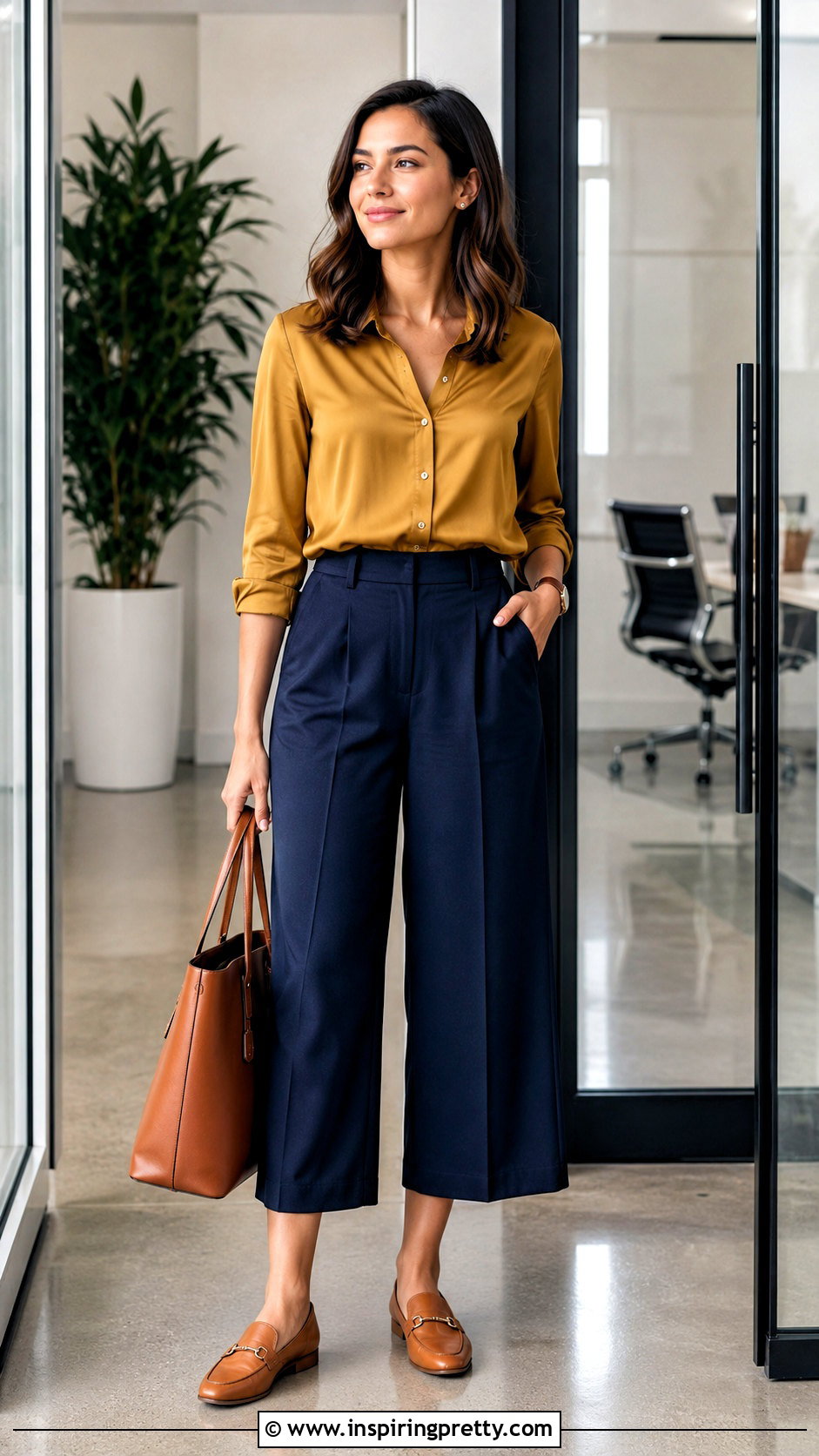 Mustard Silk Top With Blue Culottes And Loafers - 20 Mustard Silk Top outfit ideas