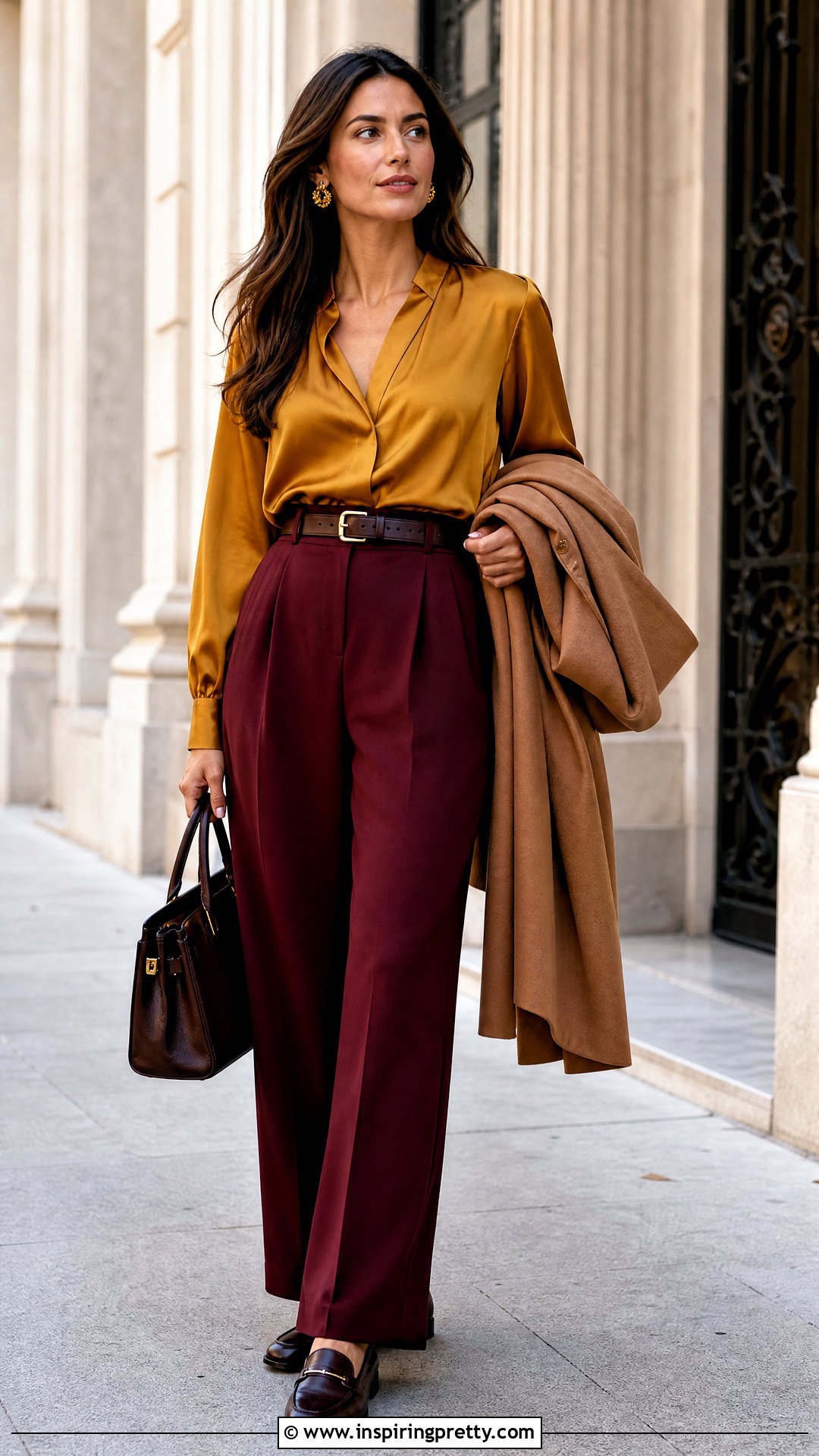 Mustard Silk Top With Burgundy Trousers - 20 Mustard Silk Top outfit ideas