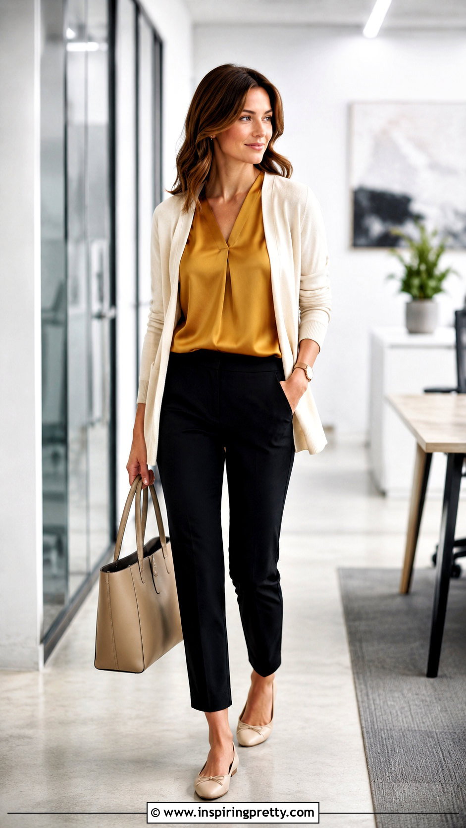 Mustard Silk Top With Cream Cardigan And Ankle Pants - 20 Mustard Silk Top outfit ideas