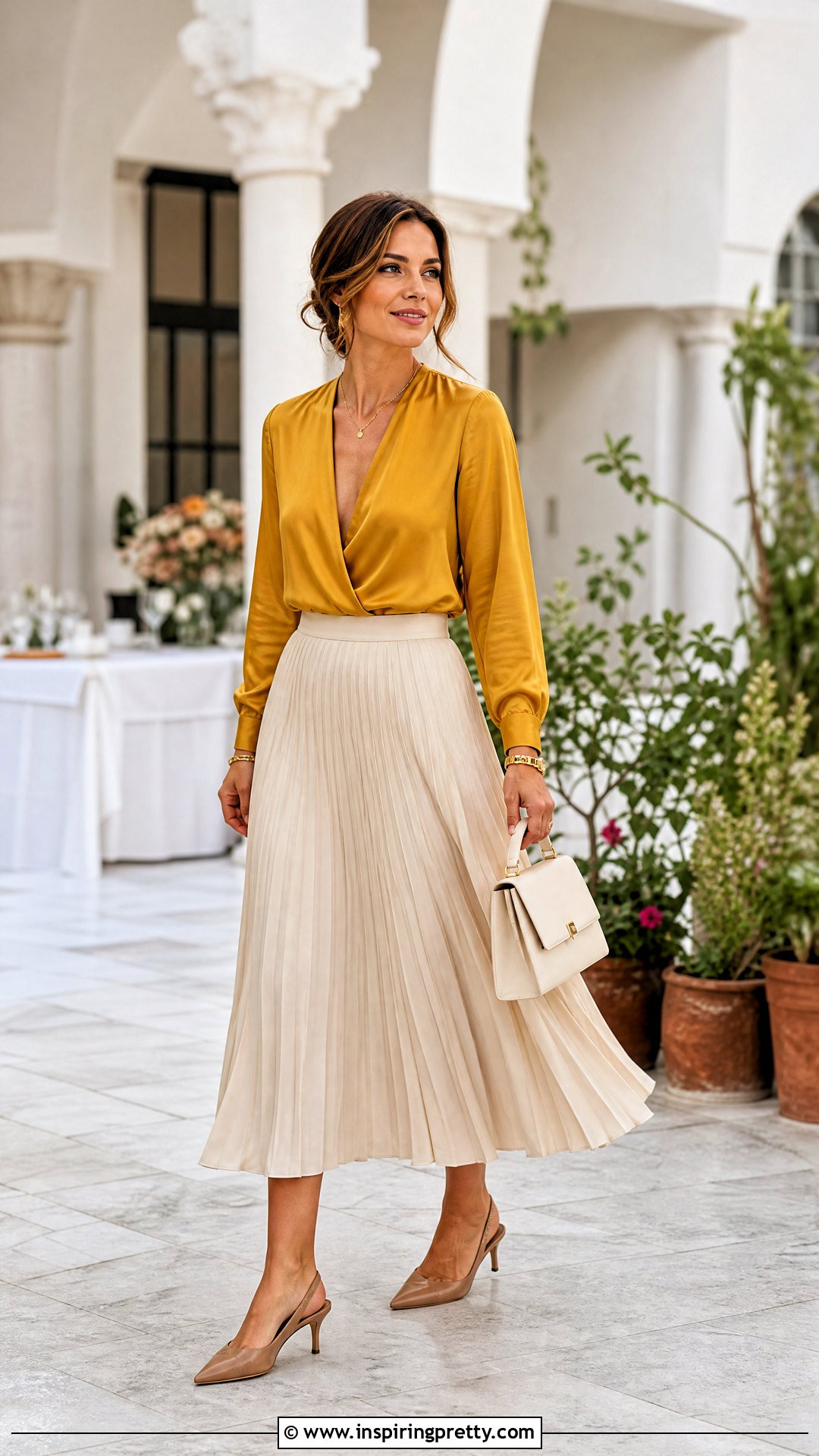 Mustard Silk Top With Cream Pleated Midi Skirt - 20 Mustard Silk Top outfit ideas