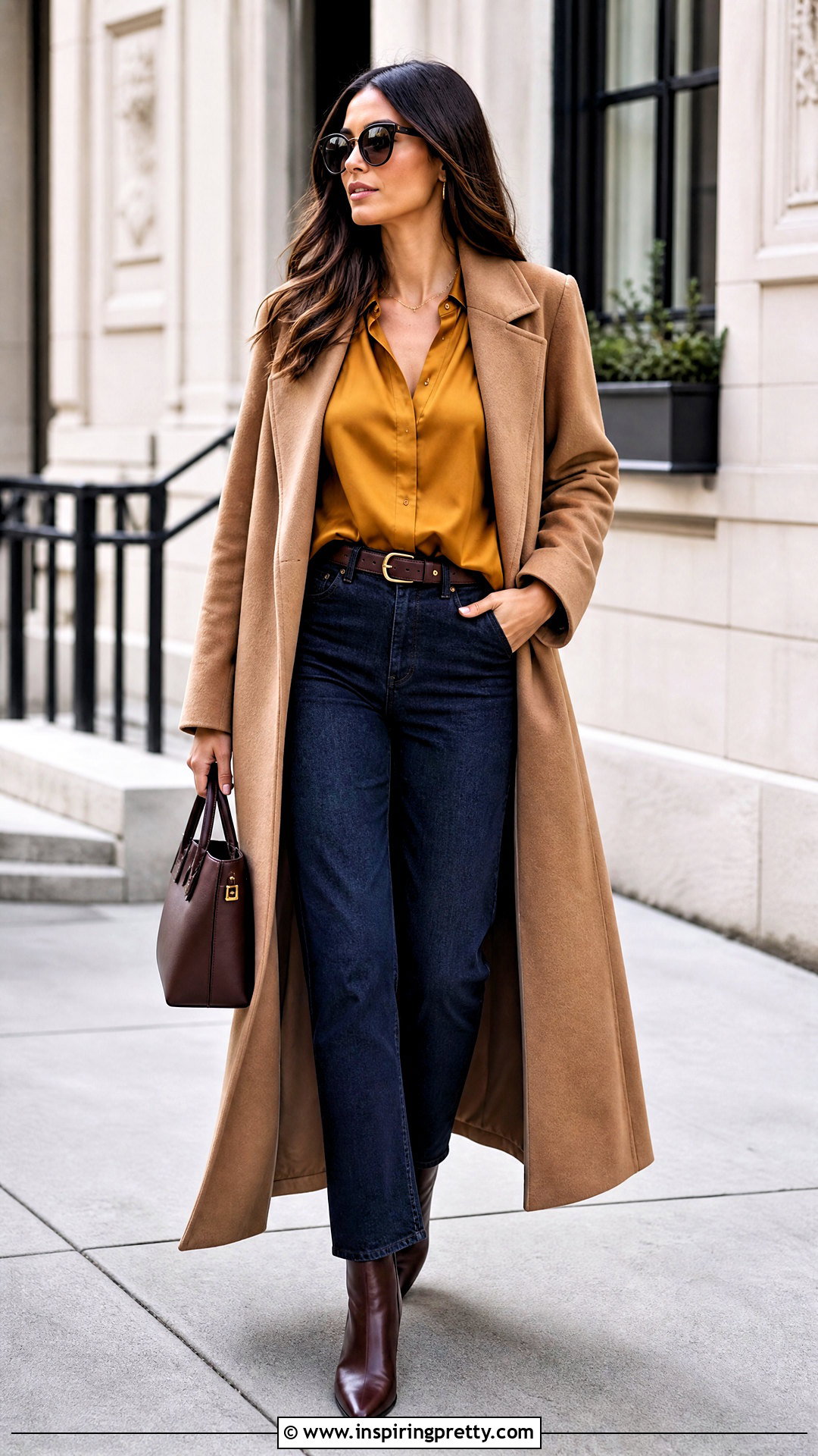 Mustard Silk Top With Dark Jeans And Camel Coat - 20 Mustard Silk Top outfit ideas