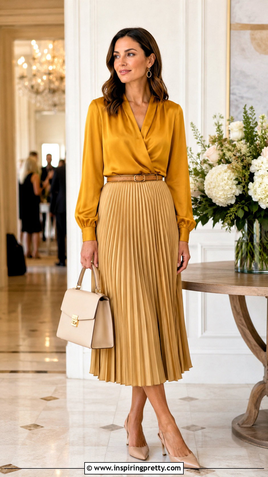 Mustard Silk Top With Gold Midi Skirt - 20 Mustard Silk Top outfit ideas