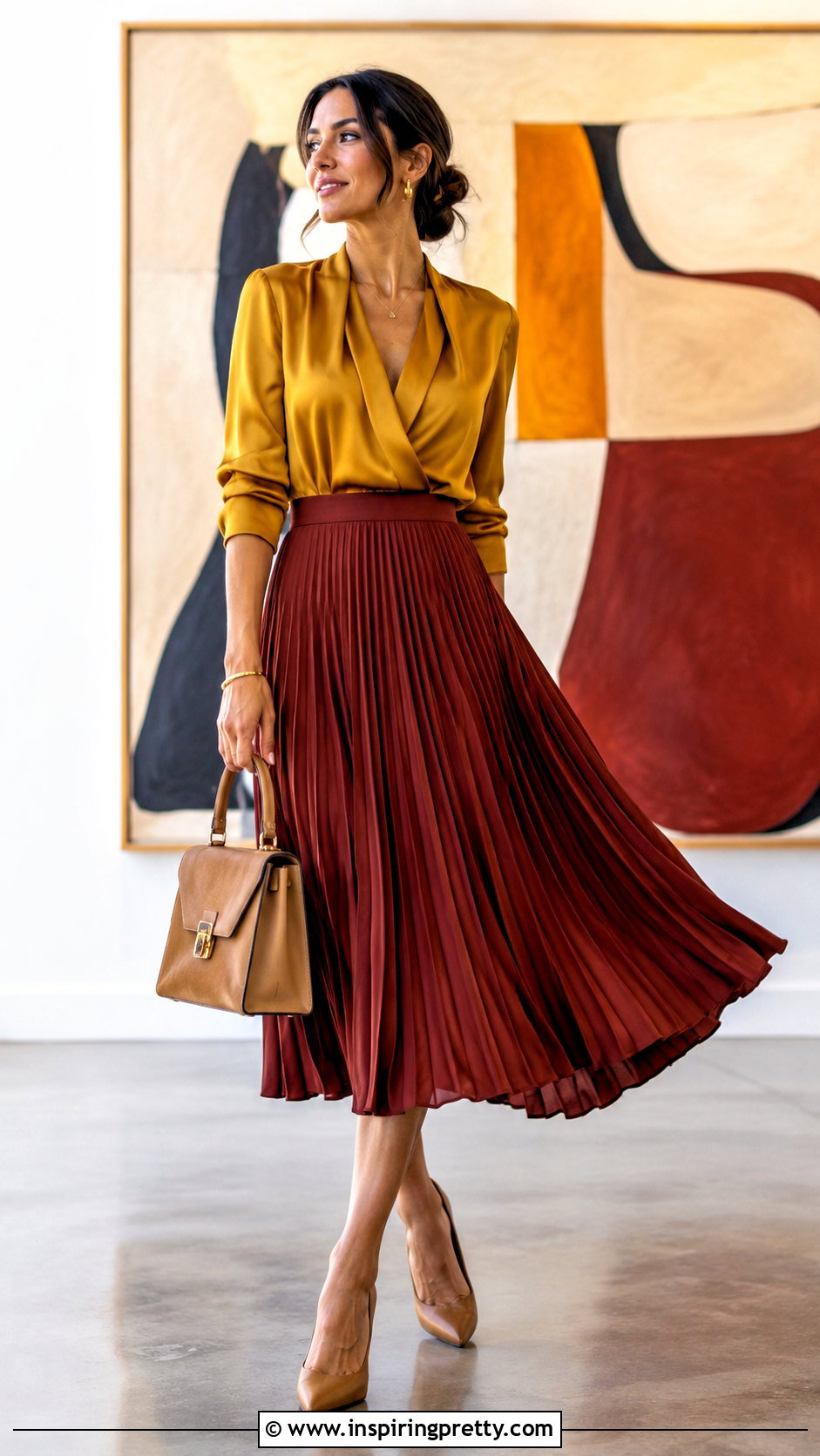 Mustard Silk Top With Red Pleated Midi Skirt - 20 Mustard Silk Top outfit ideas