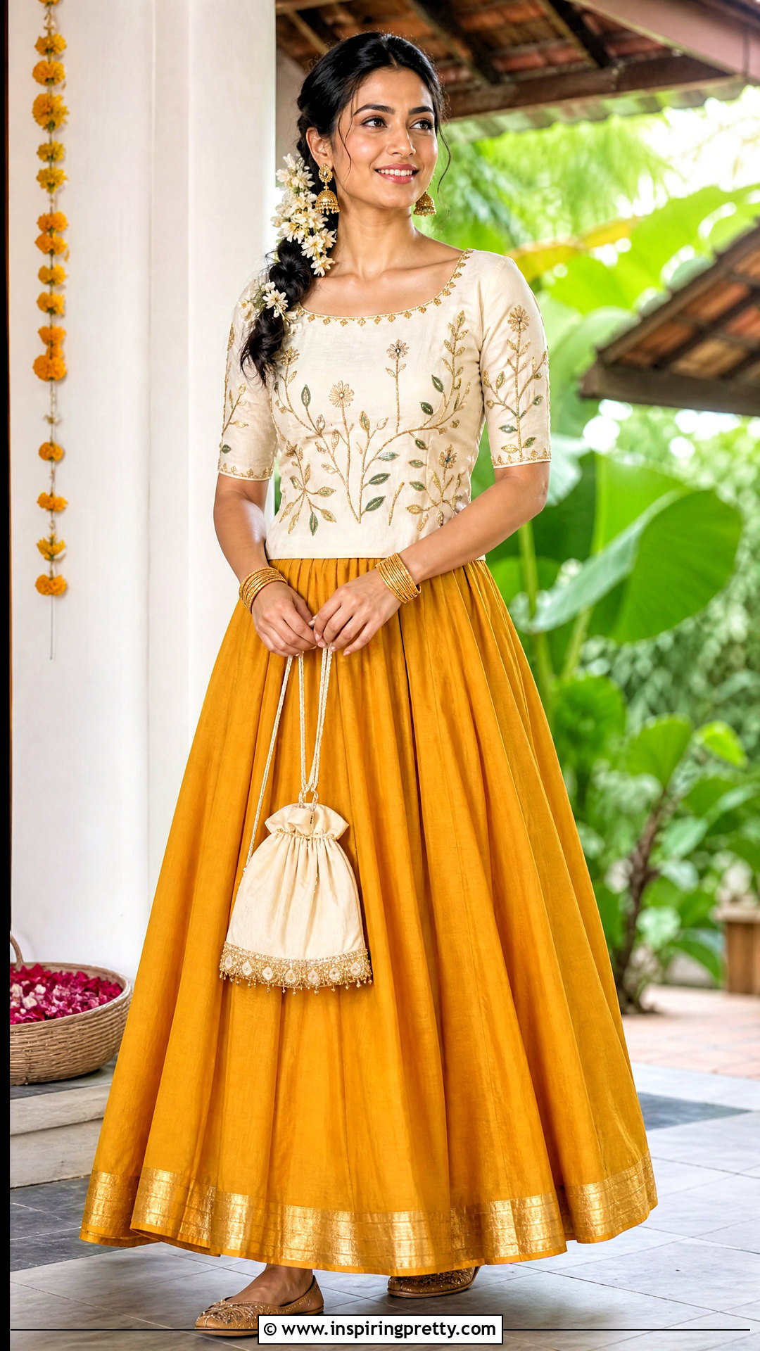 Mustard Skirt And Ivory Embroidered Top - 50 onam skirt and top designs