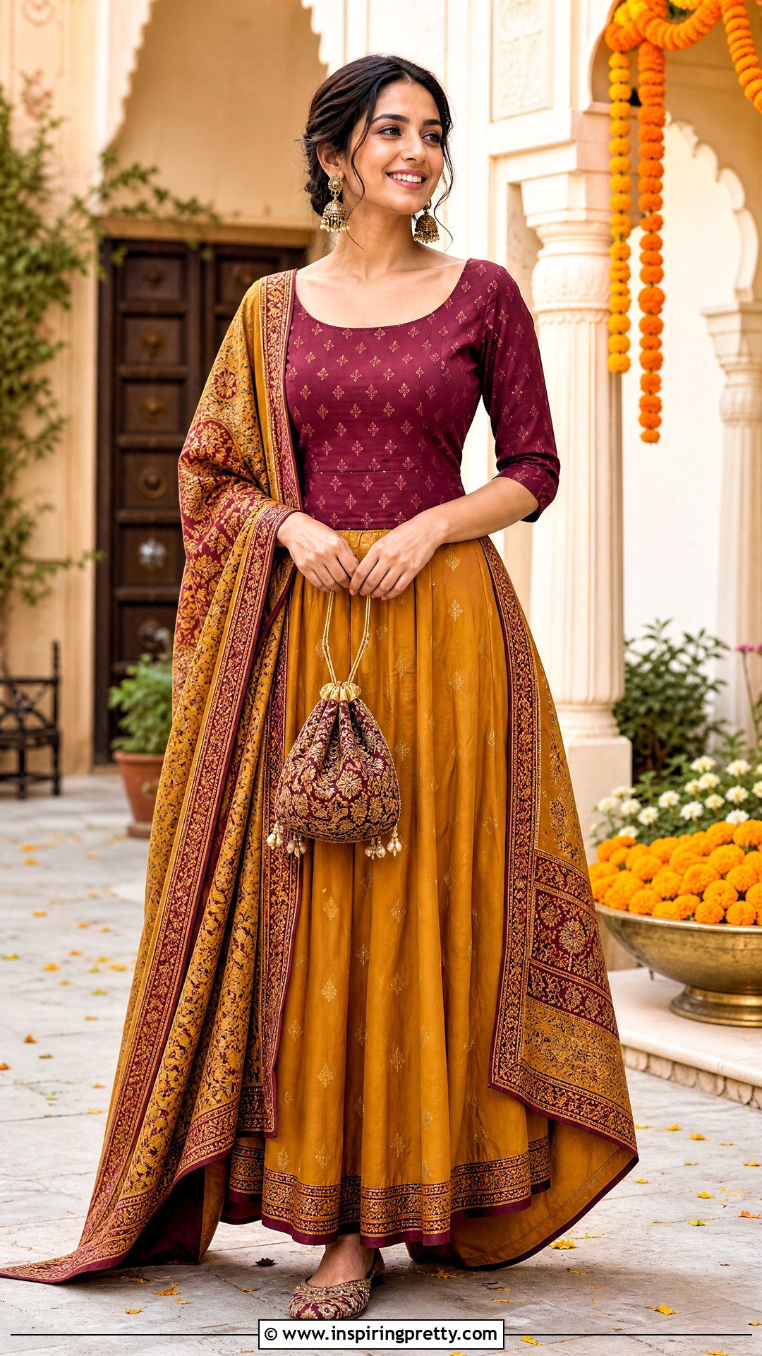Mustard Skirt And Maroon Blouse Outfit - 50 traditional skirt and top outfit ideas