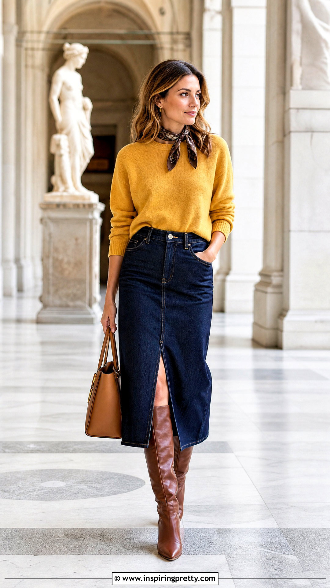 Mustard Sweater Autumn Top With Denim Midi Skirt - 50 autumn tops outfit ideas