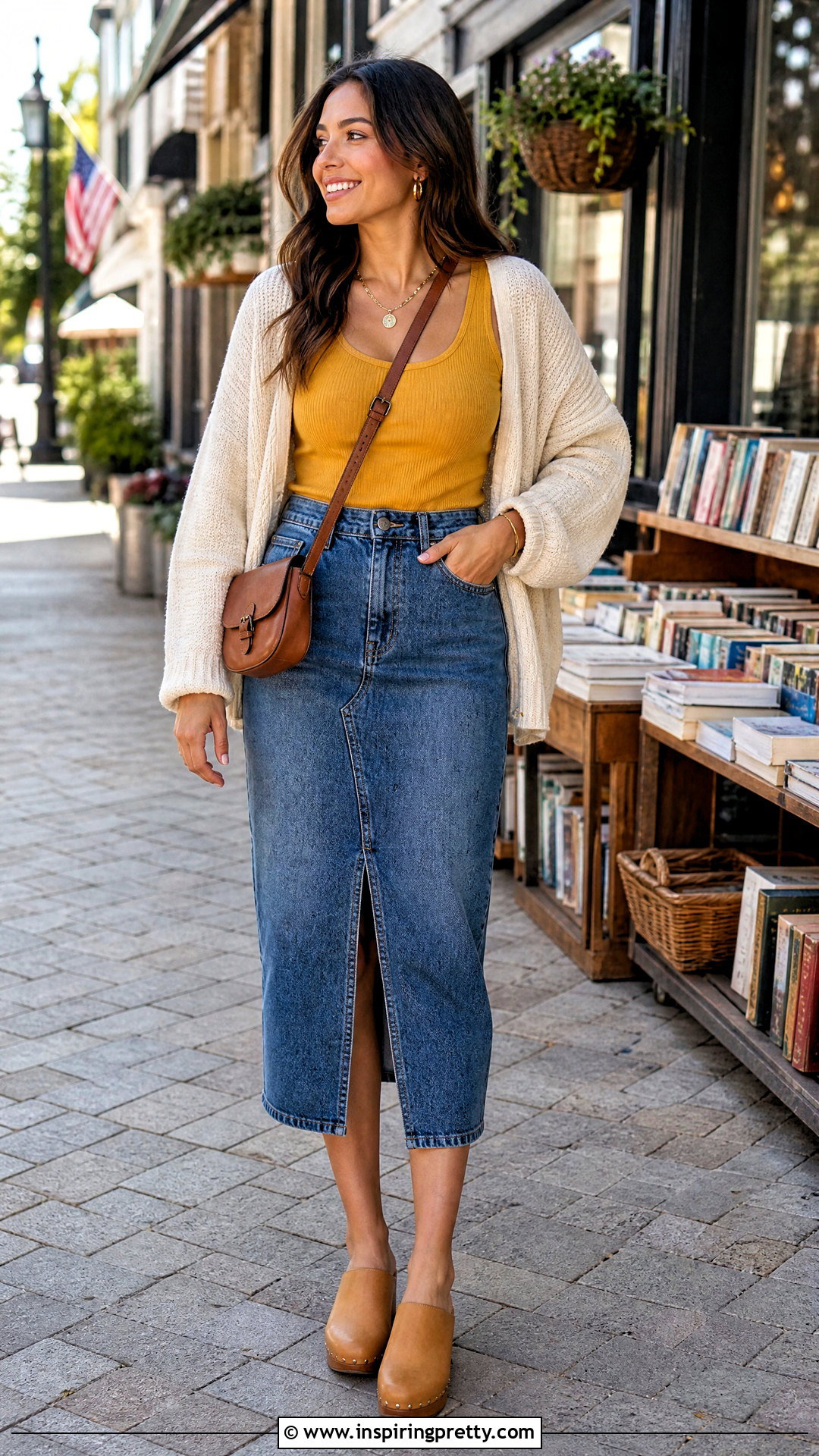 Mustard Tank Top With Denim Midi Skirt - 20 colorful tank tops on hangers