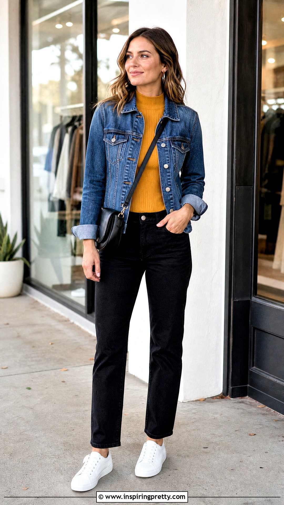 Mustard Top With Denim Jacket And Black Jeans - how to style mustard tops (20 ways)