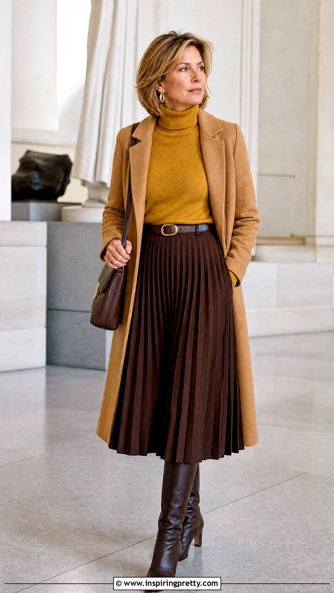 Mustard Turtleneck With Brown Midi Skirt - 50 yellow top outfit aesthetic ideas