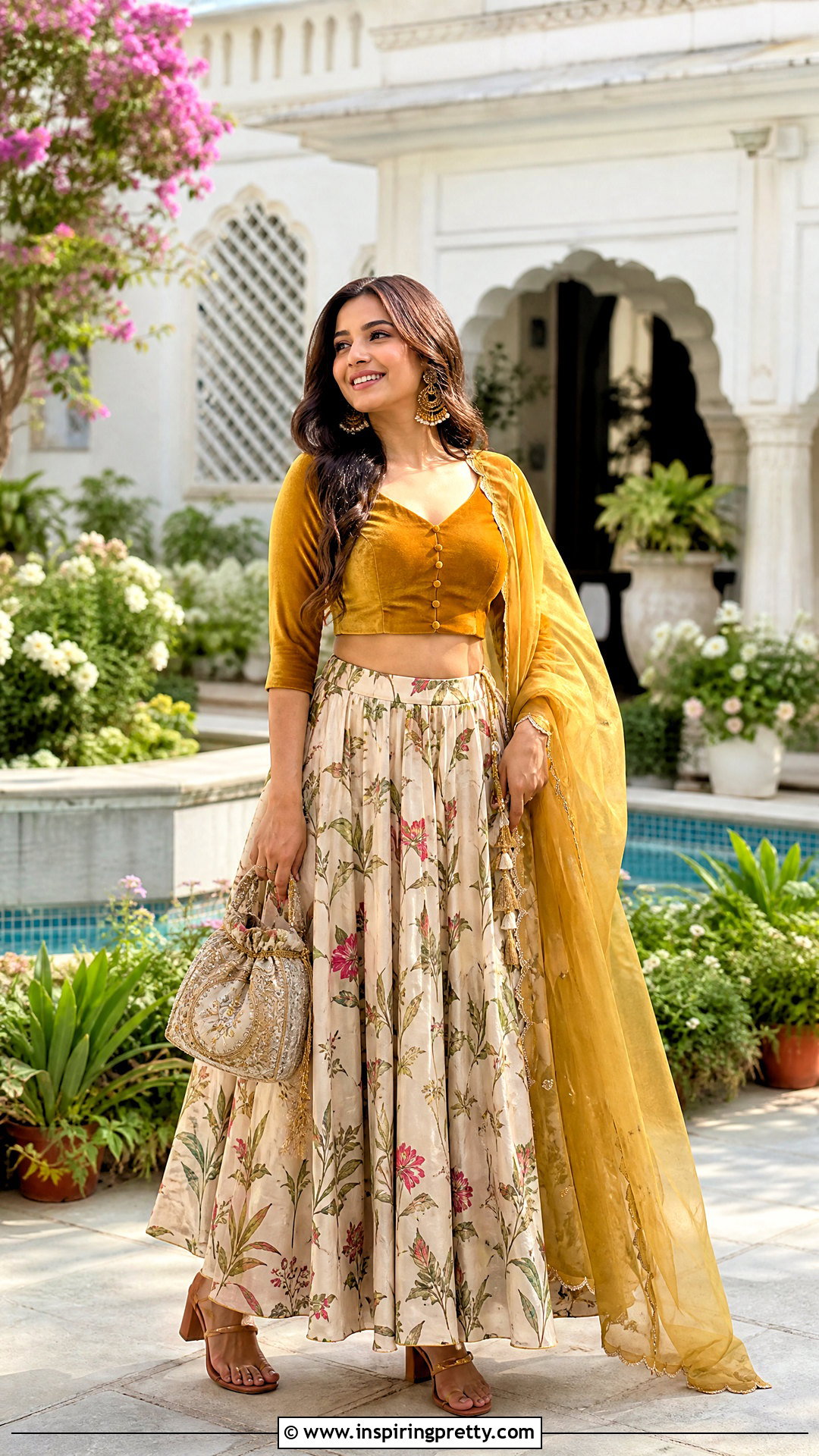 Mustard Velvet Crop Top With Printed Lehenga - 50 velvet crop top designs for lehengas