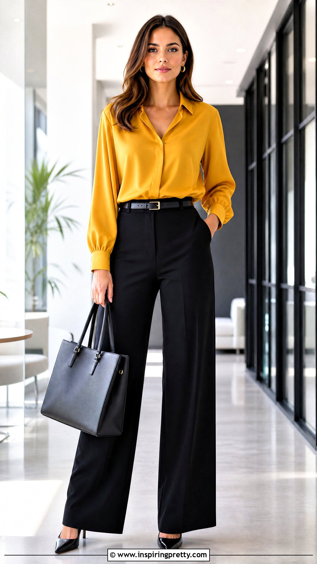 Mustard Yellow Blouse With Black Trousers - 50 yellow tops outfit ideas