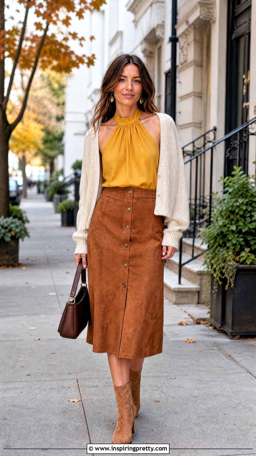 Mustard Yellow Halter Top With Suede Midi Skirt - 50 yellow halter top outfit ideas