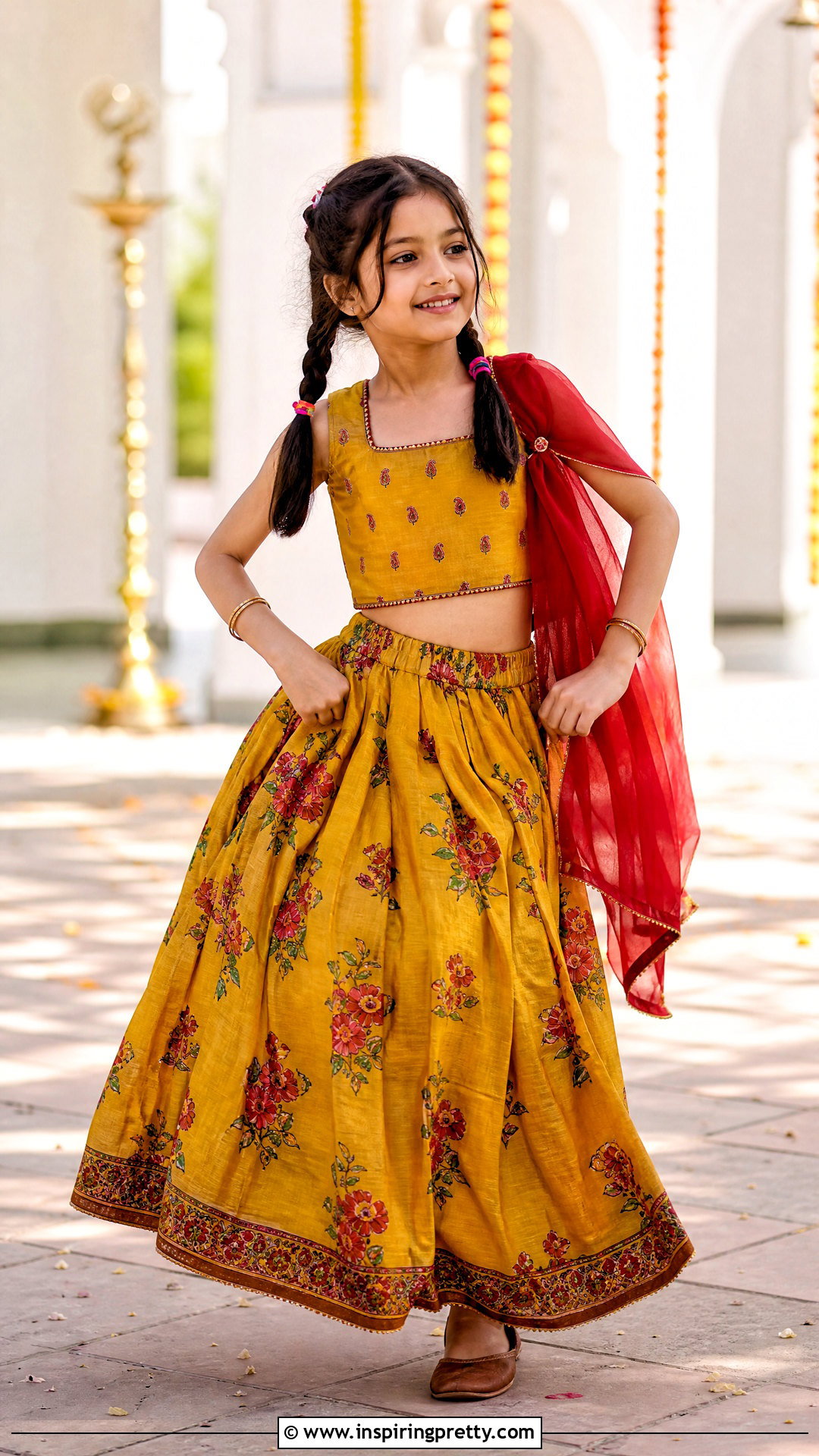 Mustard Yellow Printed Kids Crop Top Lehenga - 50 kids crop top lehenga designs