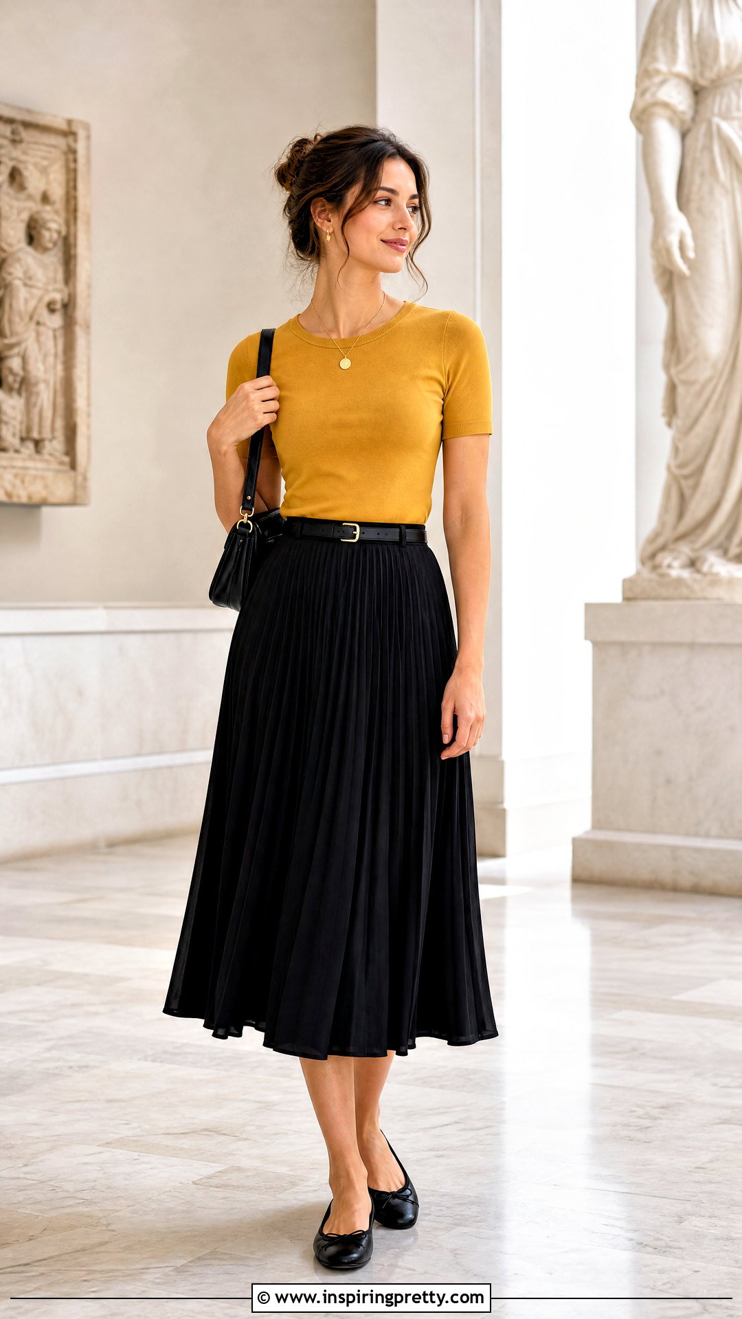 Mustard Yellow Top With Black Midi Skirt - 20 Casual Mustard Yellow Top outfit ideas