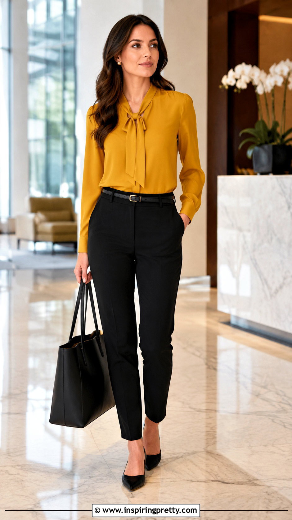 Mustard Yellow Top With Black Tailored Trousers - 20 mustard yellow fashion top outfit ideas