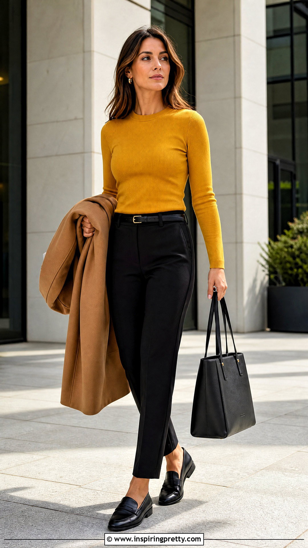 Mustard Yellow Top With Black Trousers - 20 Yellow Top Fashion Style outfit ideas