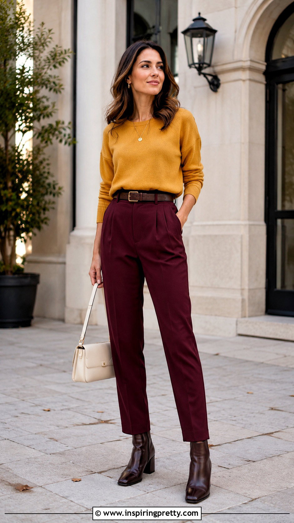 Mustard Yellow Top With Burgundy Pants - 20 mustard yellow fashion top outfit ideas