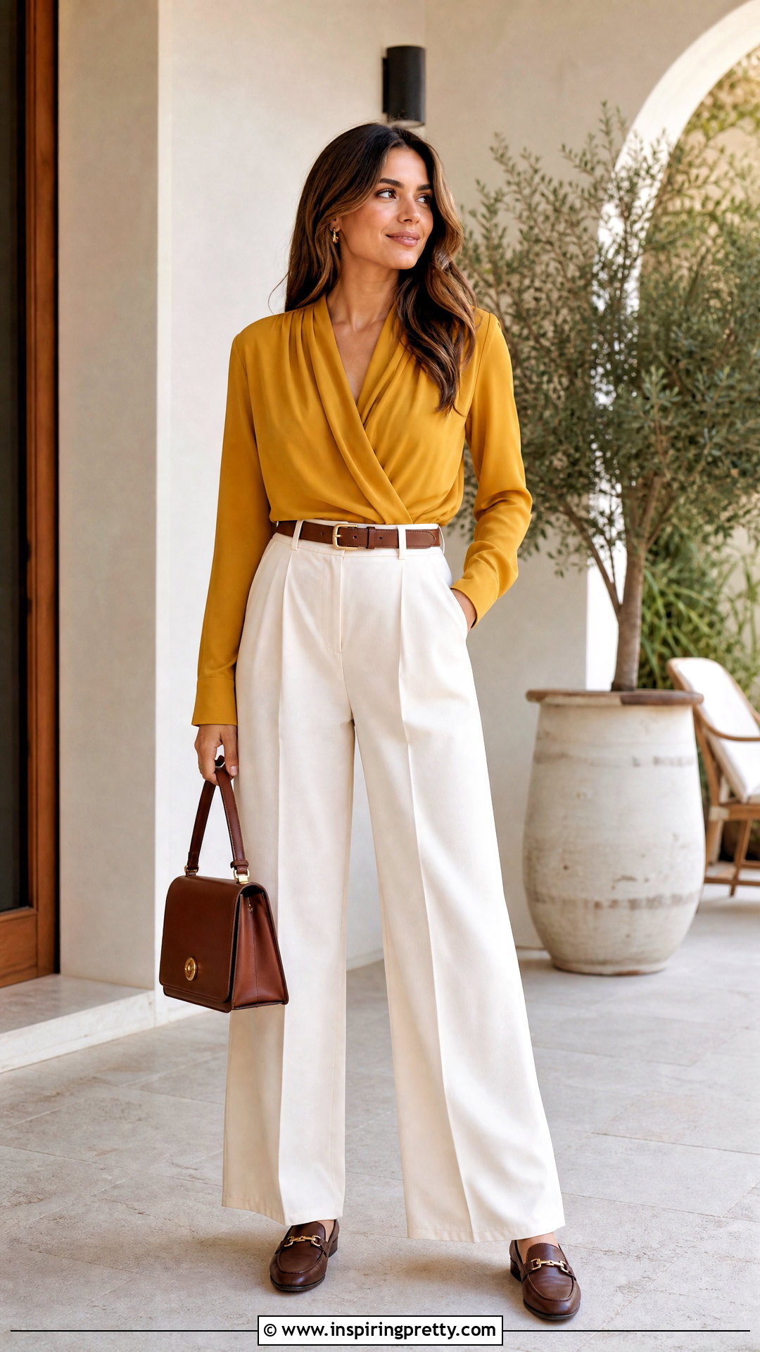 Mustard Yellow Top With Cream Pants And Brown Accessories - 20 Casual Mustard Yellow Top outfit ideas