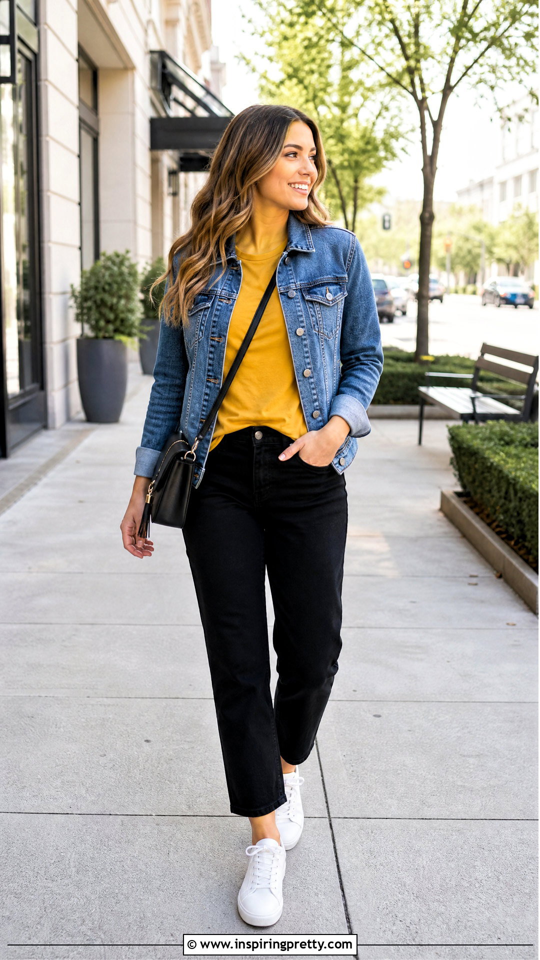 Mustard Yellow Top With Denim Jacket And Black Jeans - 20 Casual Mustard Yellow Top outfit ideas