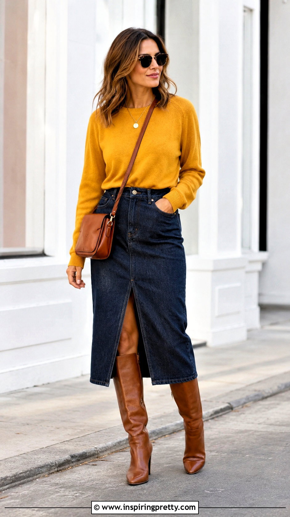 Mustard Yellow Top With Denim Midi Skirt - 20 mustard yellow fashion top outfit ideas