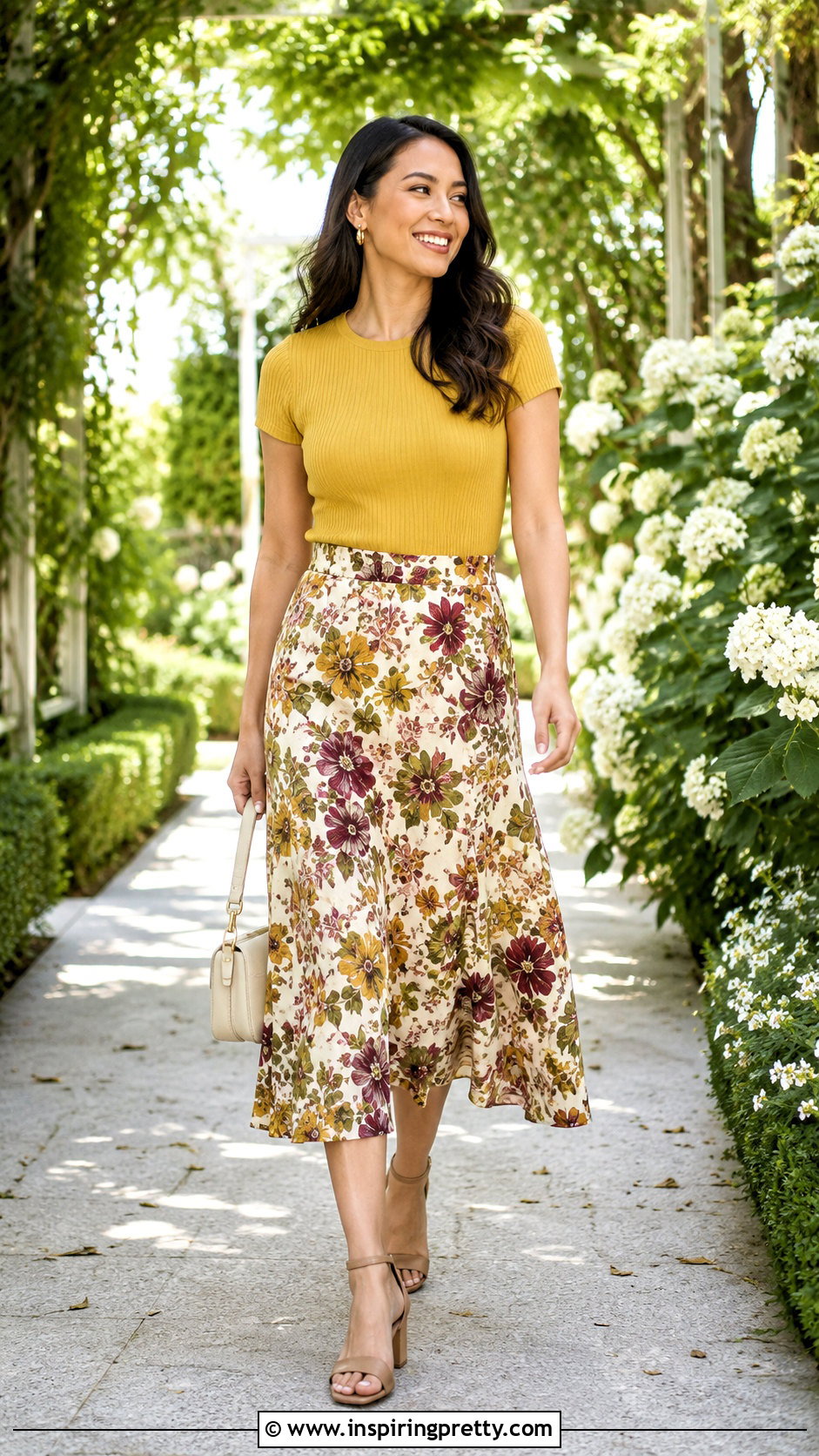 Mustard Yellow Top With Floral Midi Skirt - 20 mustard yellow fashion top outfit ideas