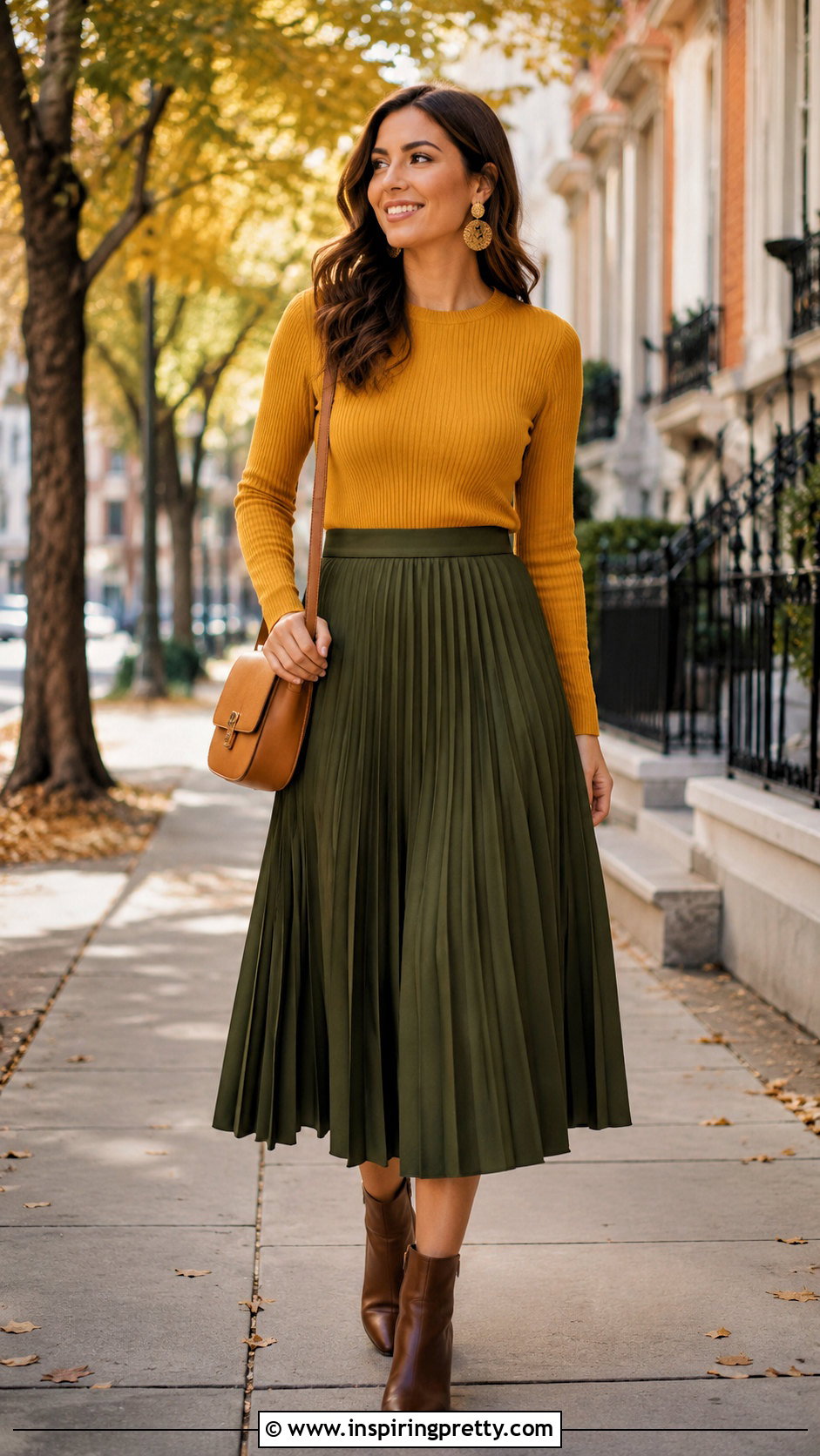Mustard Yellow Top With Olive Green Midi Skirt - 20 mustard yellow fashion top outfit ideas
