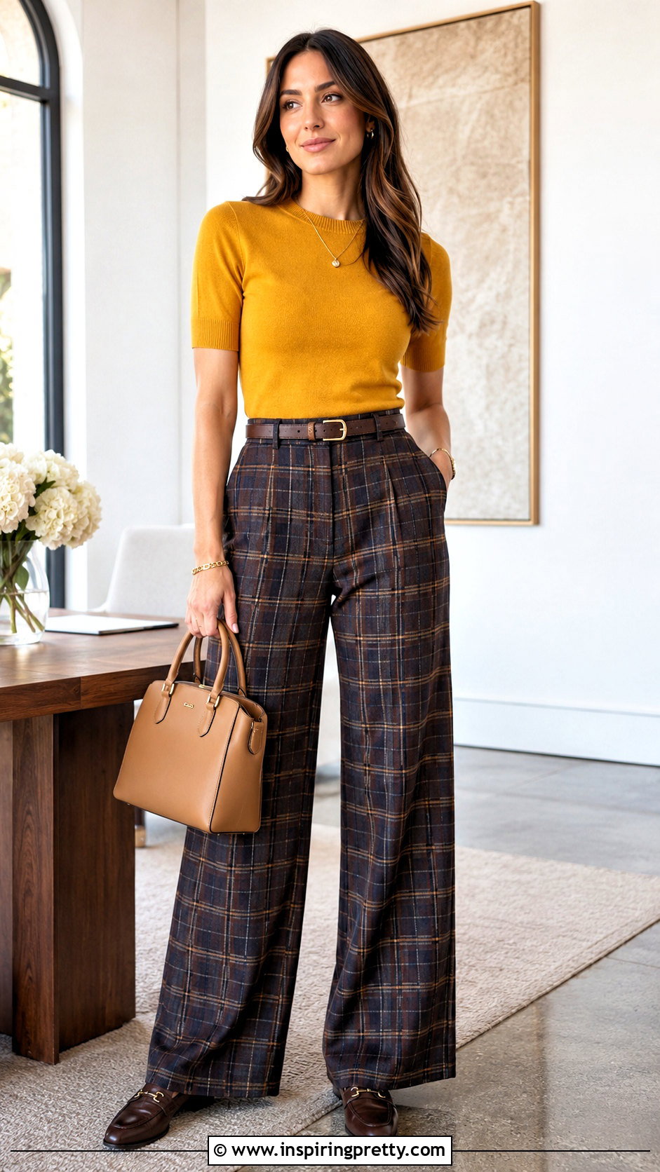 Mustard Yellow Top With Plaid Trousers - 20 mustard yellow fashion top outfit ideas