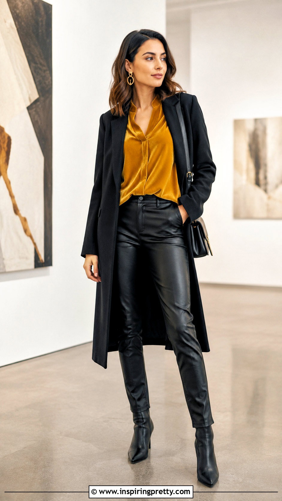 Mustard Yellow Velvet Top With Black Faux Leather Pants - 20 mustard yellow velvet top outfit ideas
