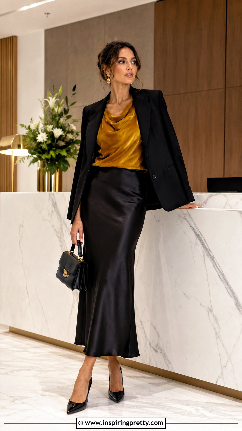 Mustard Yellow Velvet Top With Black Slip Skirt - 20 mustard yellow velvet top outfit ideas