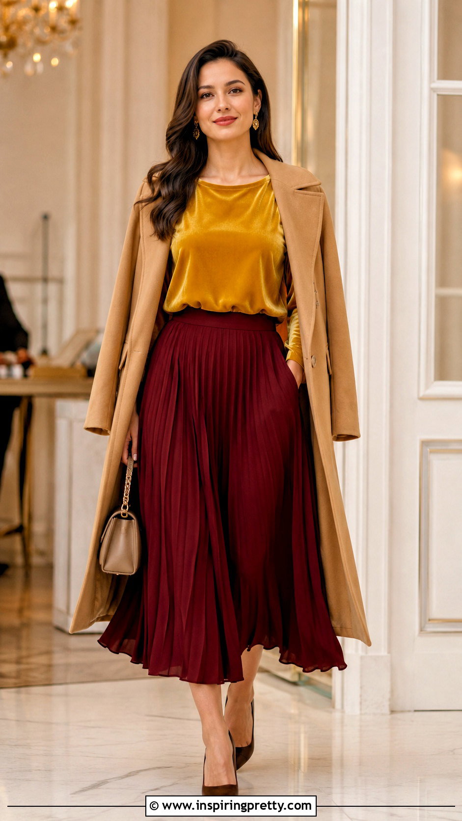 Mustard Yellow Velvet Top With Burgundy Midi Skirt - 20 mustard yellow velvet top outfit ideas
