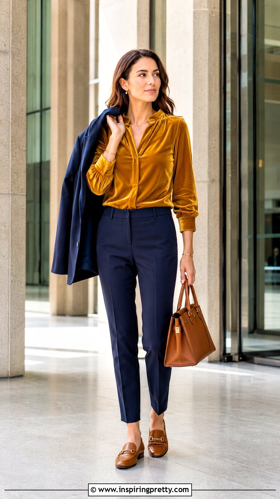 Mustard Yellow Velvet Top With Navy Trousers - 20 mustard yellow velvet top outfit ideas