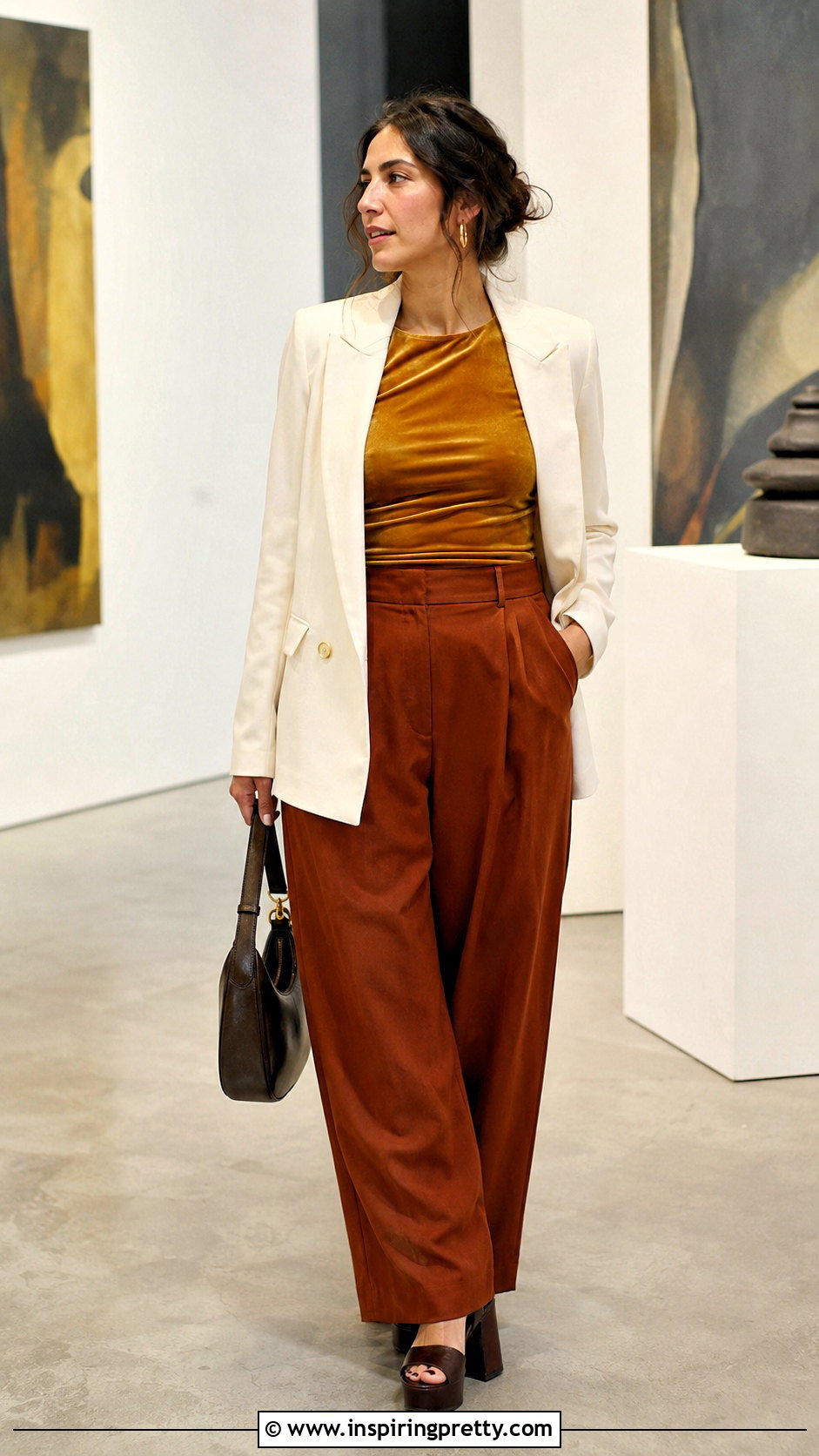 Mustard Yellow Velvet Top With Rust Wide Leg Pants - 20 mustard yellow velvet top outfit ideas