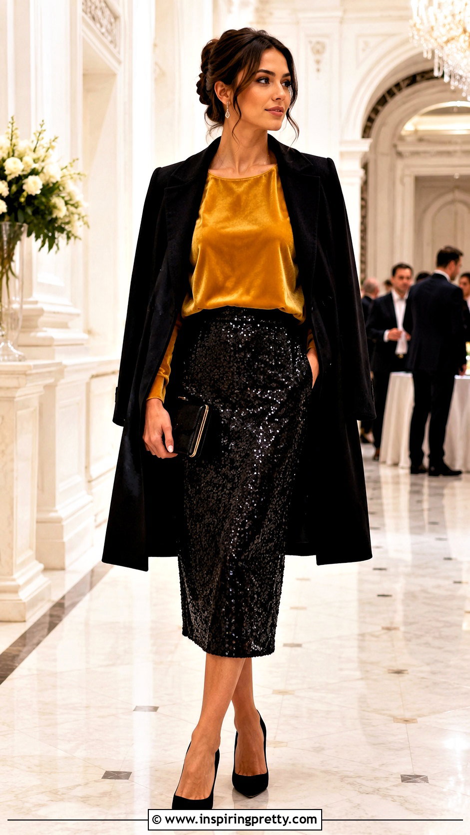Mustard Yellow Velvet Top With Sequin Midi Skirt - 20 mustard yellow velvet top outfit ideas