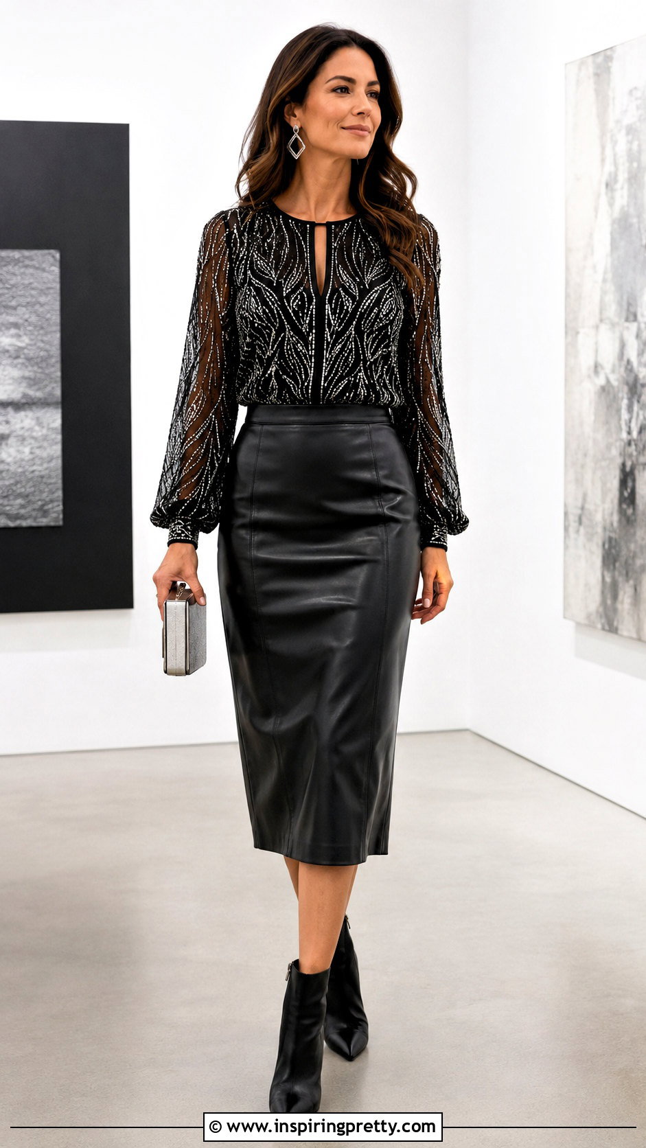 Naeem Khan Black Sequin Blouse With Leather Midi Skirt - 20 naeem khan tops outfit ideas