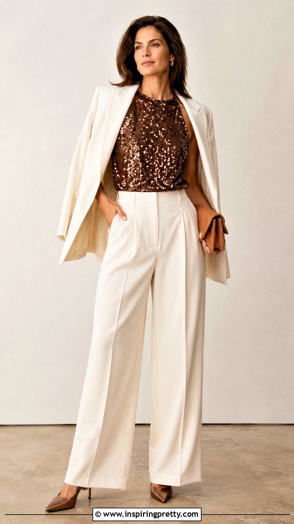 Naeem Khan Brown Sequin Top With Cream Trousers - 20 naeem khan tops outfit ideas