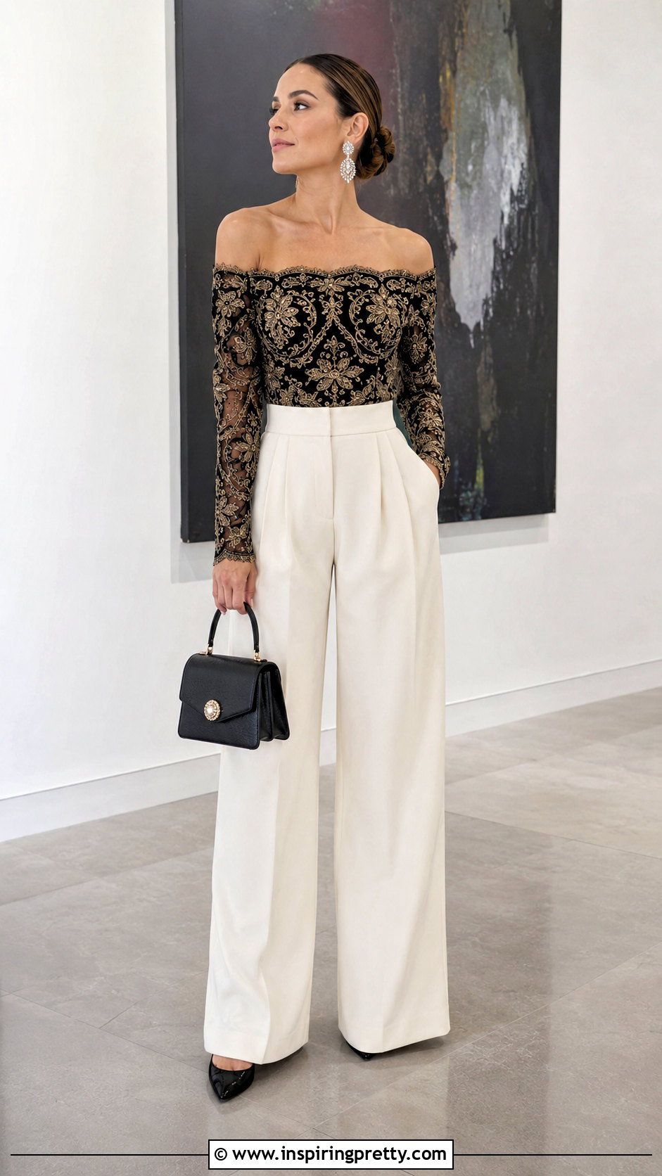 Naeem Khan Off Shoulder Blouse With Wide Leg Pants - 20 naeem khan tops outfit ideas