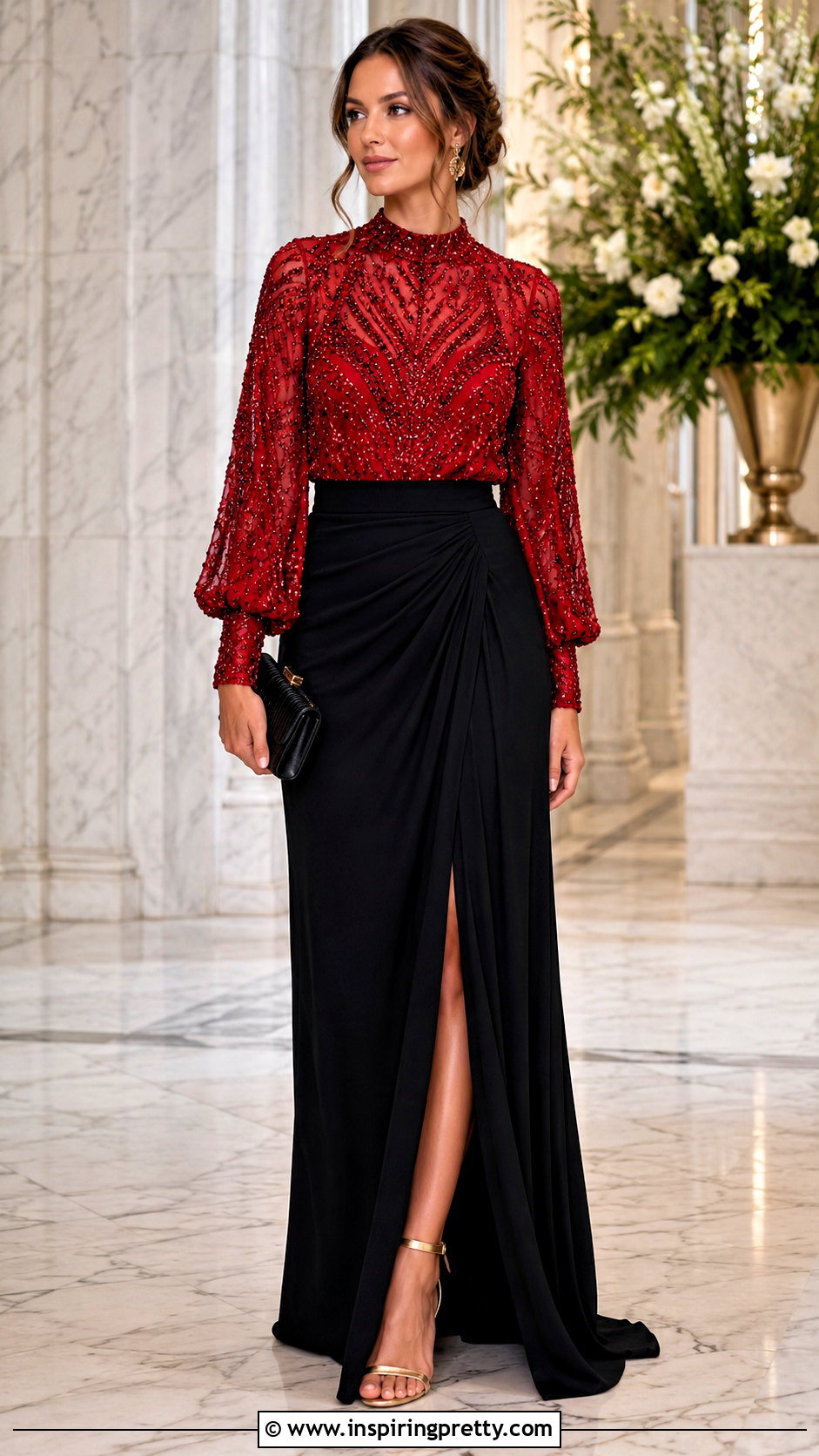 Naeem Khan Red Beaded Top With Black Maxi Skirt - 20 naeem khan tops outfit ideas