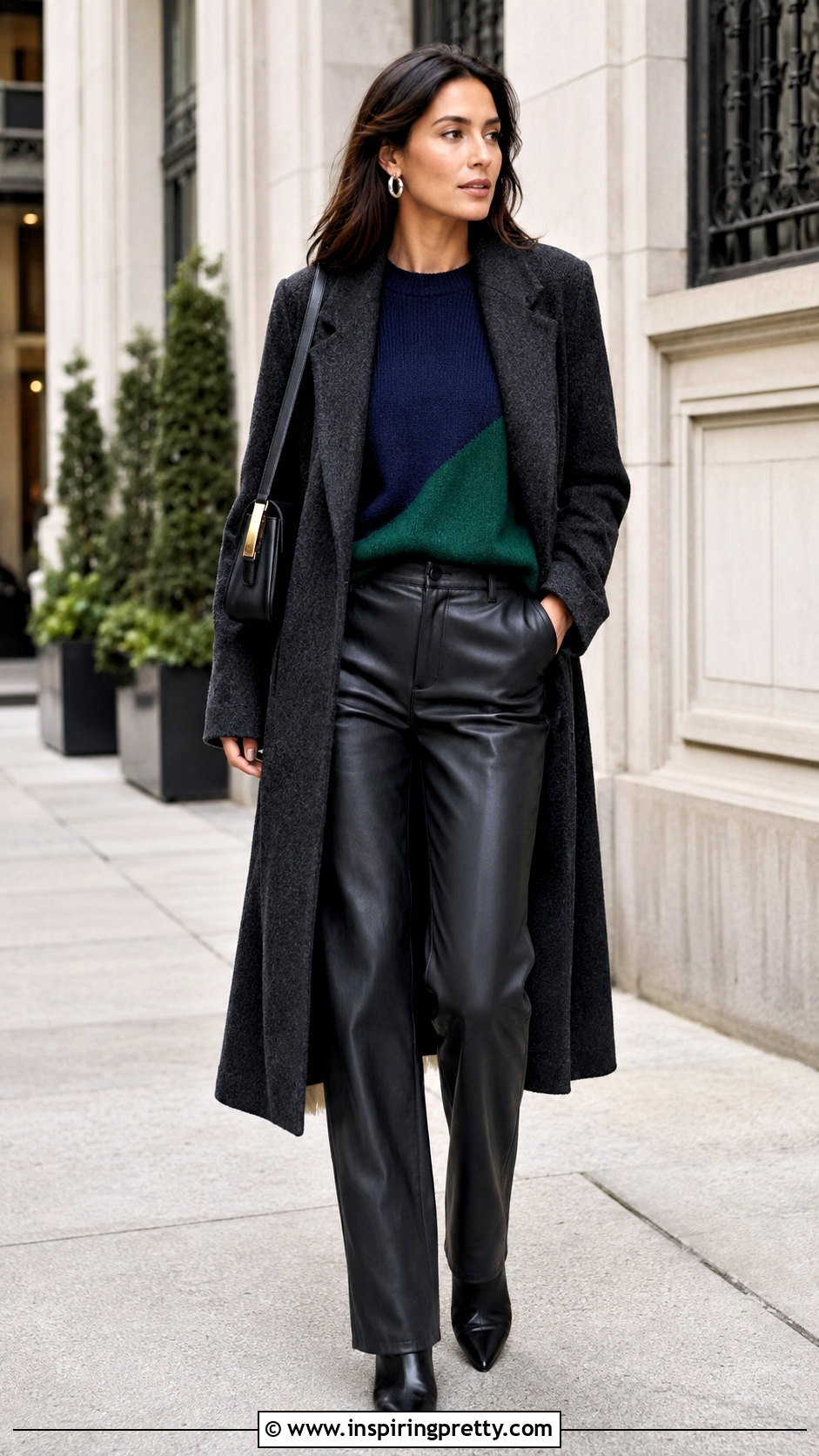 Navy And Green Top With Black Leather Pants - 20 Navy And Green Top outfit ideas