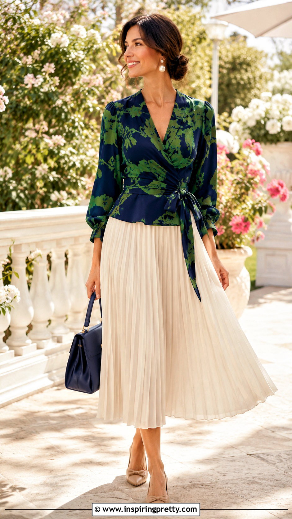 Navy And Green Top With Cream Pleated Skirt - 20 Navy And Green Top outfit ideas
