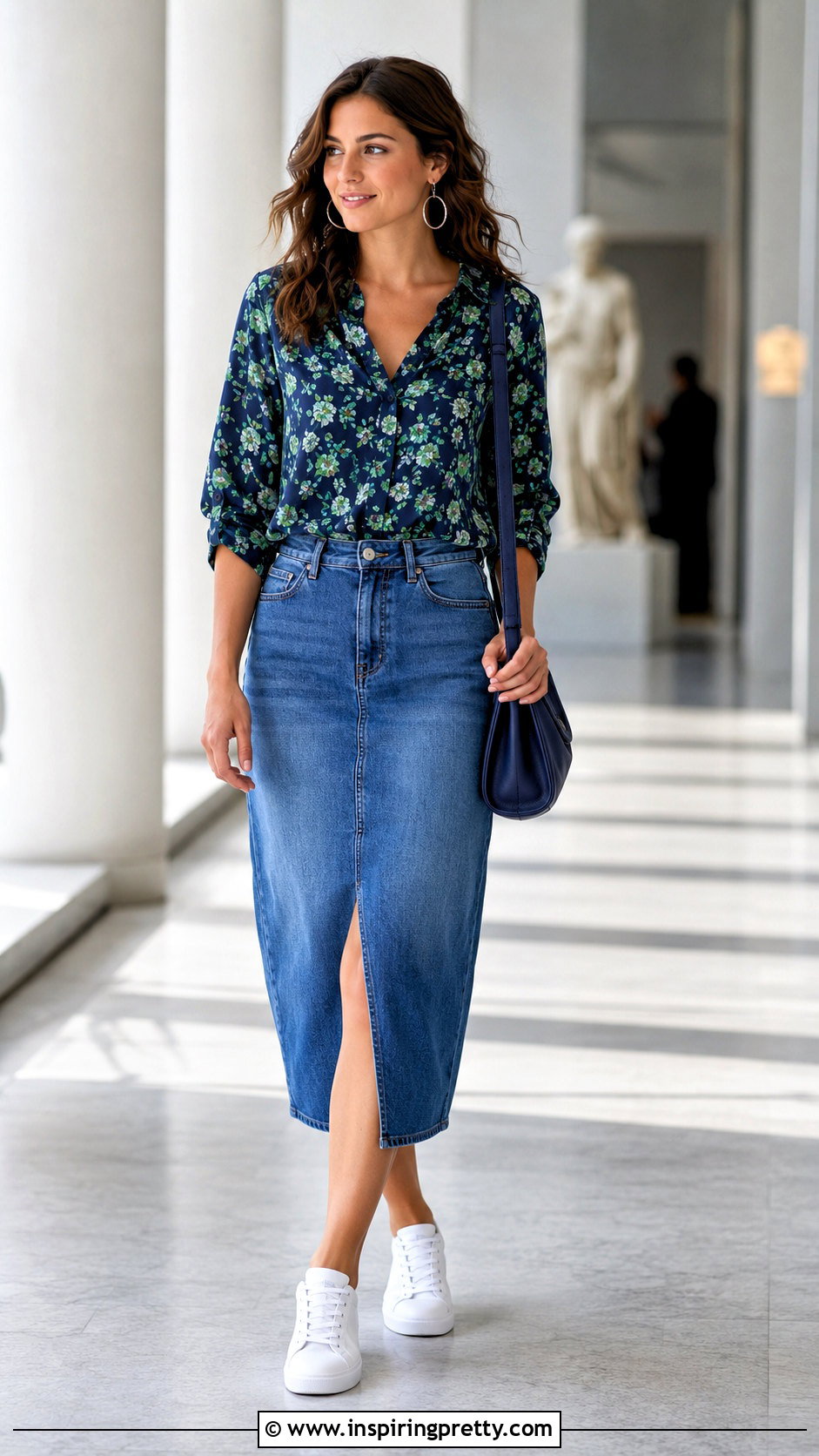 Navy And Green Top With Denim Midi Skirt - 20 Navy And Green Top outfit ideas