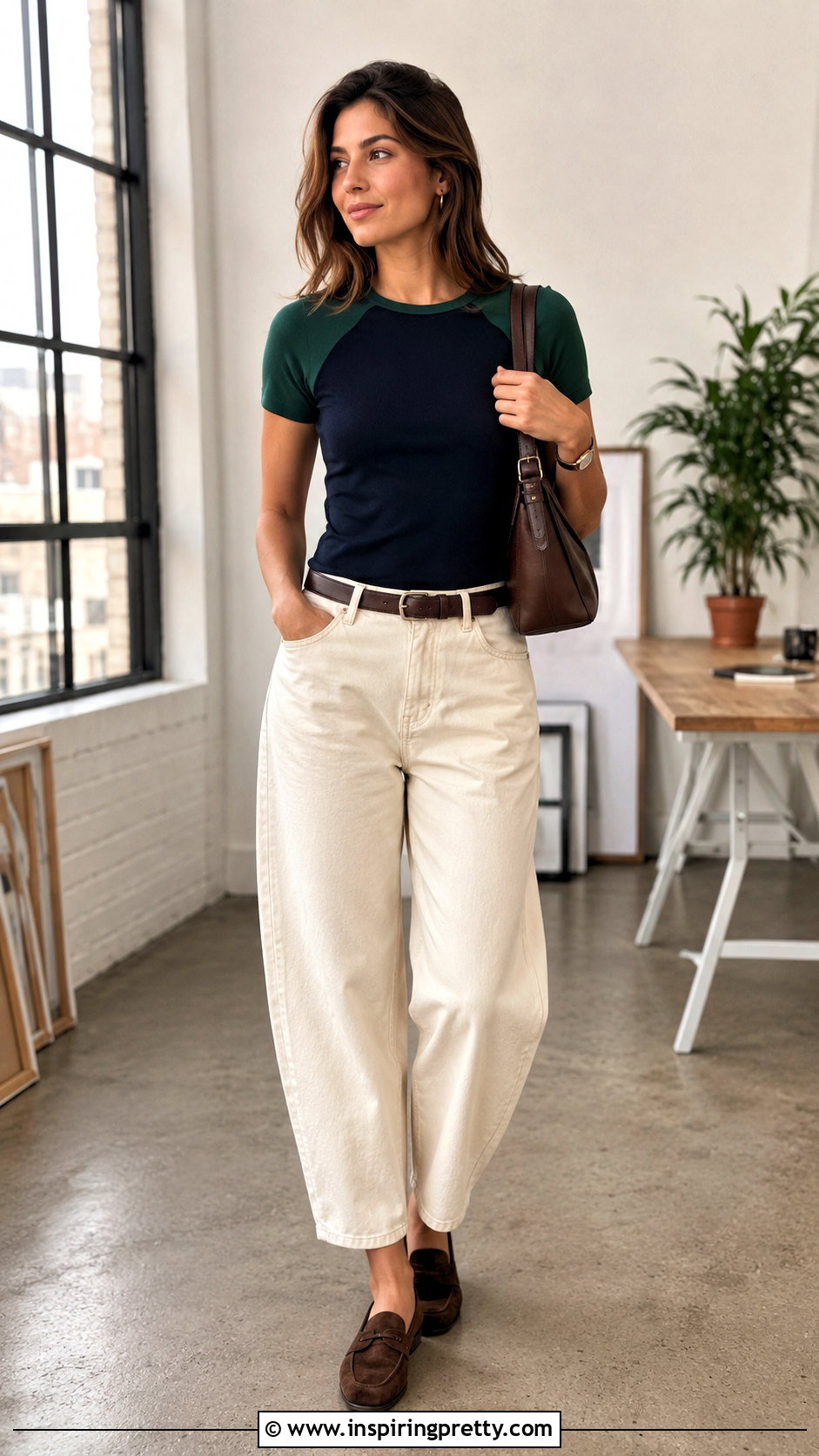 Navy And Green Top With Ecru Barrel Jeans - 20 Navy And Green Top outfit ideas